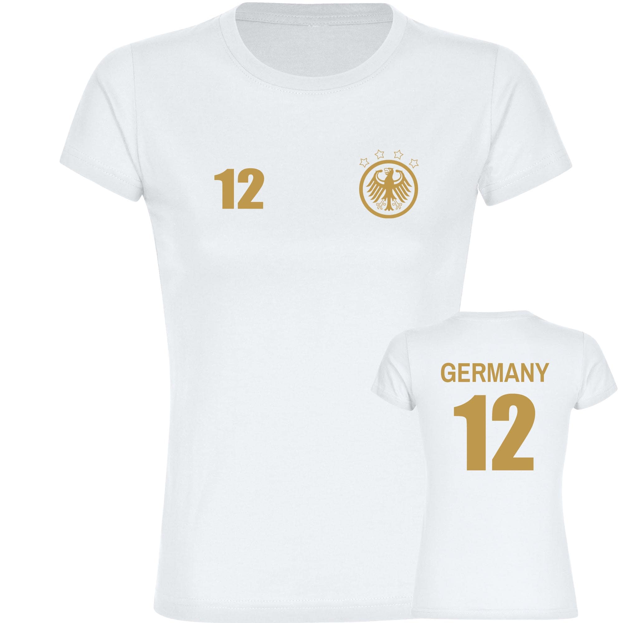 multifanshop Damen T-Shirt - Germany - Adler Retro Trikot 12 Gold - Druck gold metallic - Frauen - Bild 1
