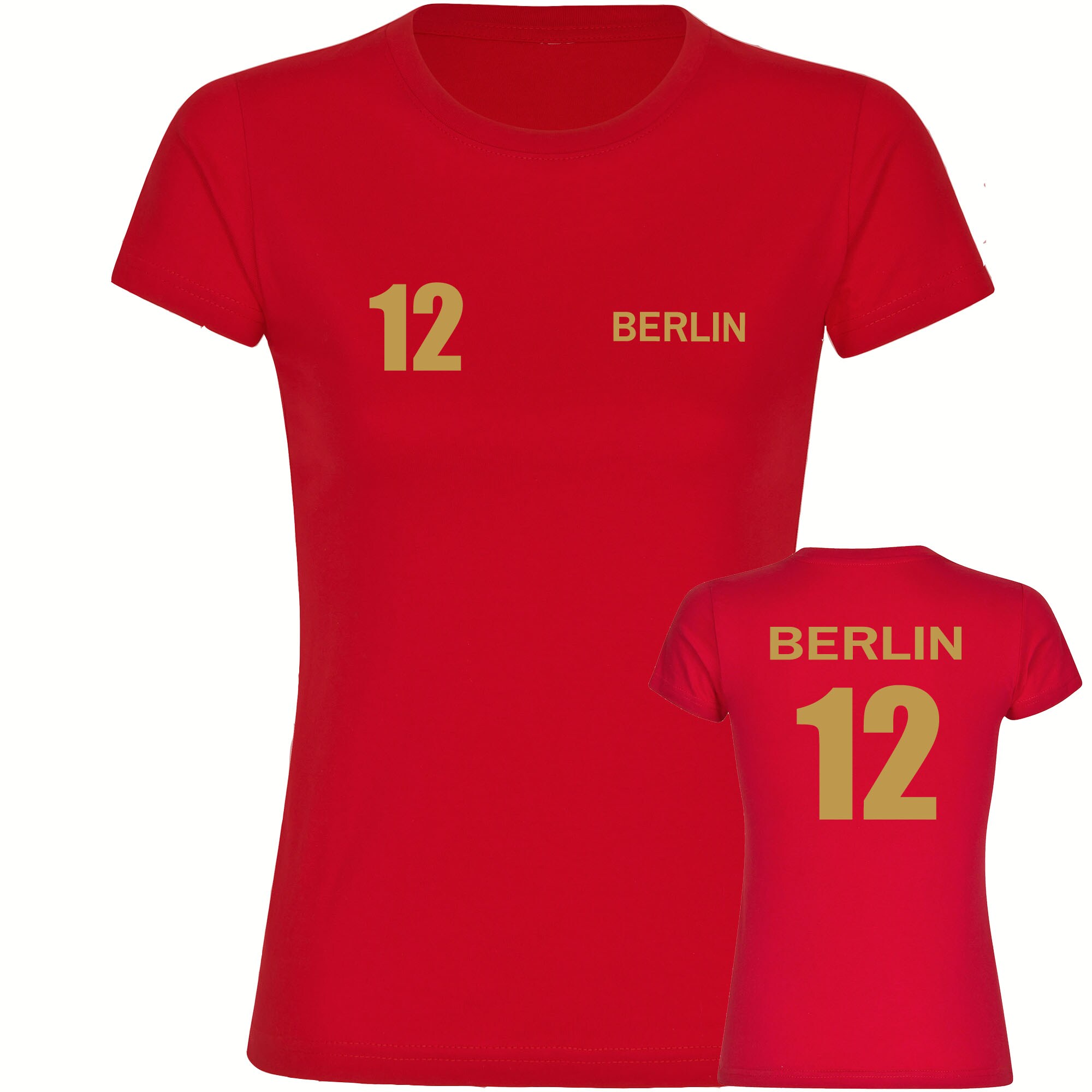 multifanshop Damen T-Shirt - Berlin rot - Trikot Nummer 12 gold - Druck gold metallic - Frauen - Bild 1