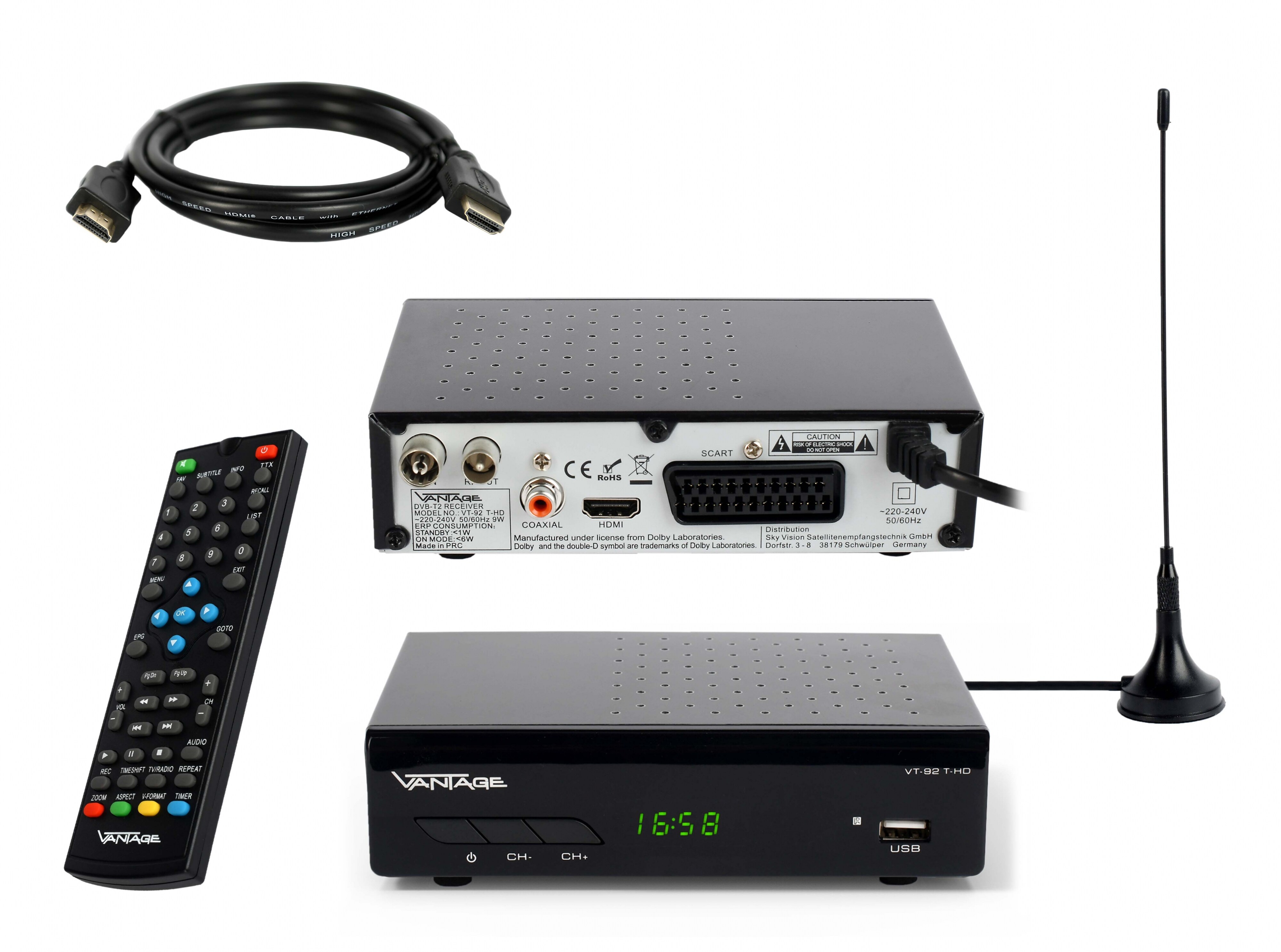 Vantage VT-92 DVB-T2 Receiver, HDMI SCART Full HD, HDMI Kabel, Antenne - Bild 1