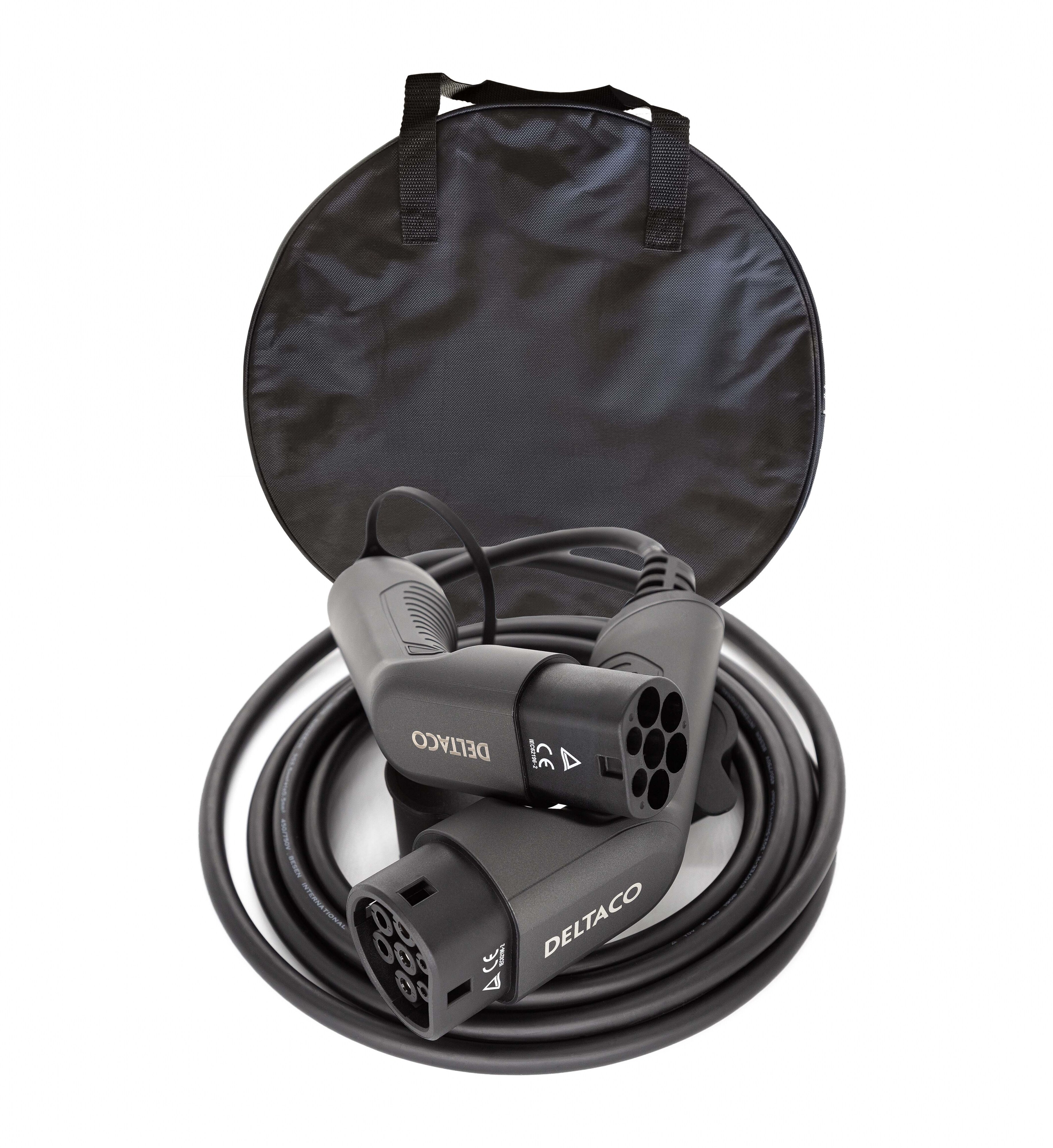 Deltaco EV-Ladekabel, Typ2 auf Typ2, 32A, 22kW, 3-phasig, 5m + Tasche - Bild 1
