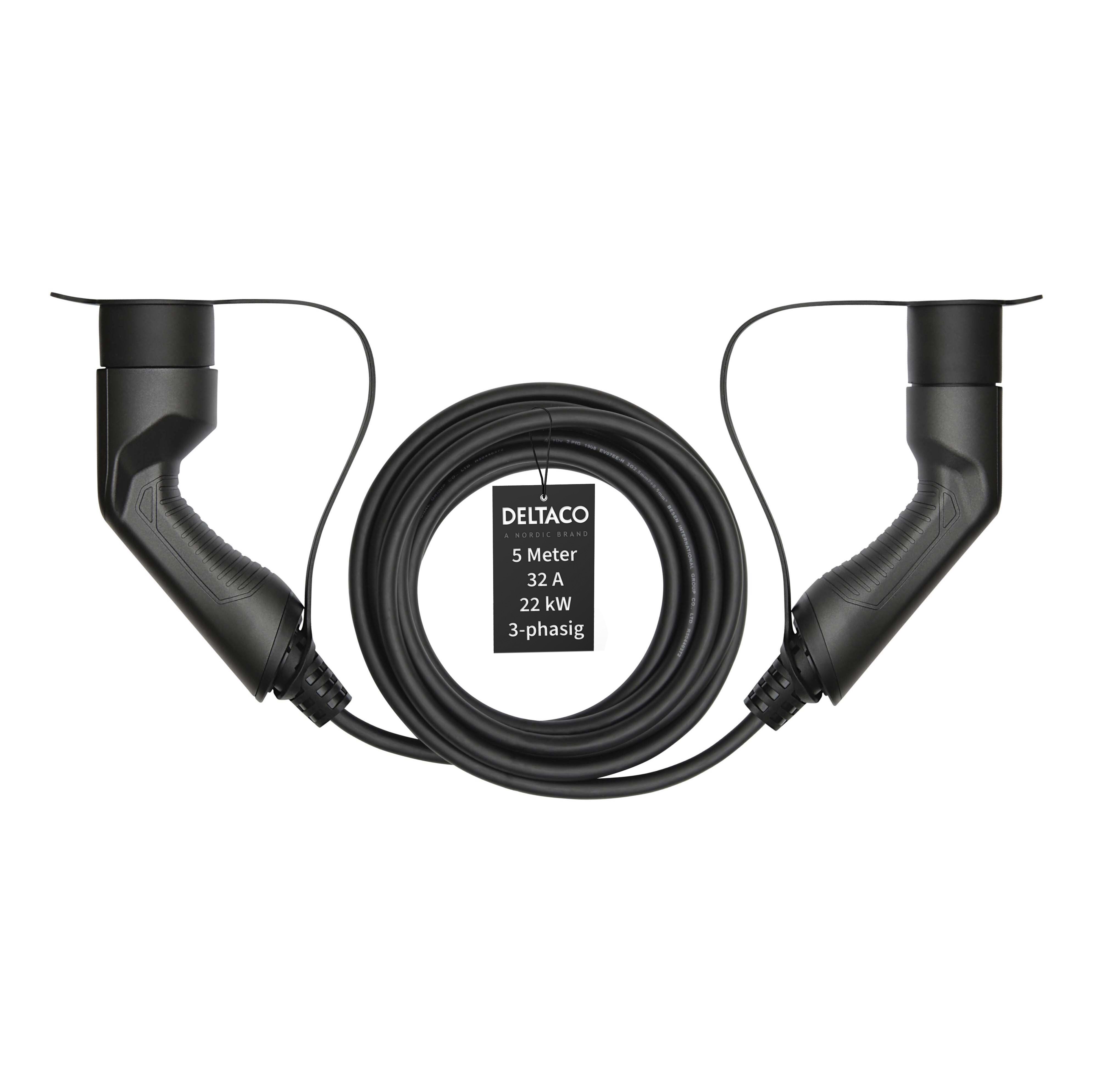 Deltaco E-Auto Ladekabel, Typ2 auf Typ2, 32 A, 22 kW, 3-phasig, 5m - Bild 1