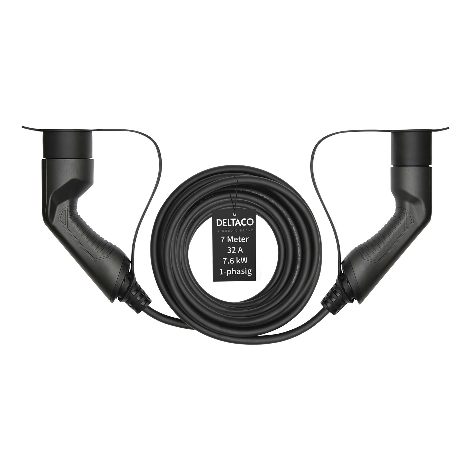 Deltaco E-Auto Ladekabel, Typ2 auf Typ2, 32 A, 7,6 kW, 1-phasig, 7m | 07333048044488