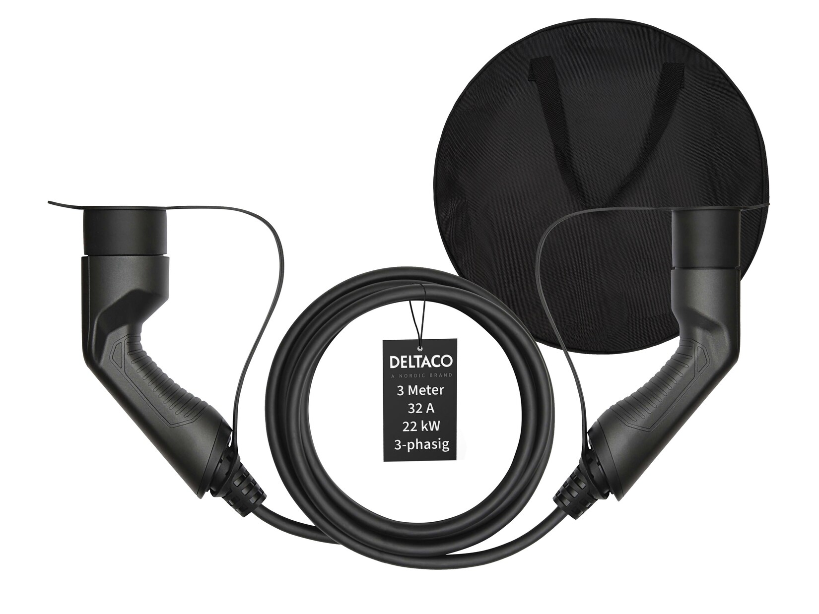 Deltaco EV-Ladekabel + Tasche, Typ2 auf Typ2, 32 A, 22 kW, 3-phasig 3m | 07333048056719