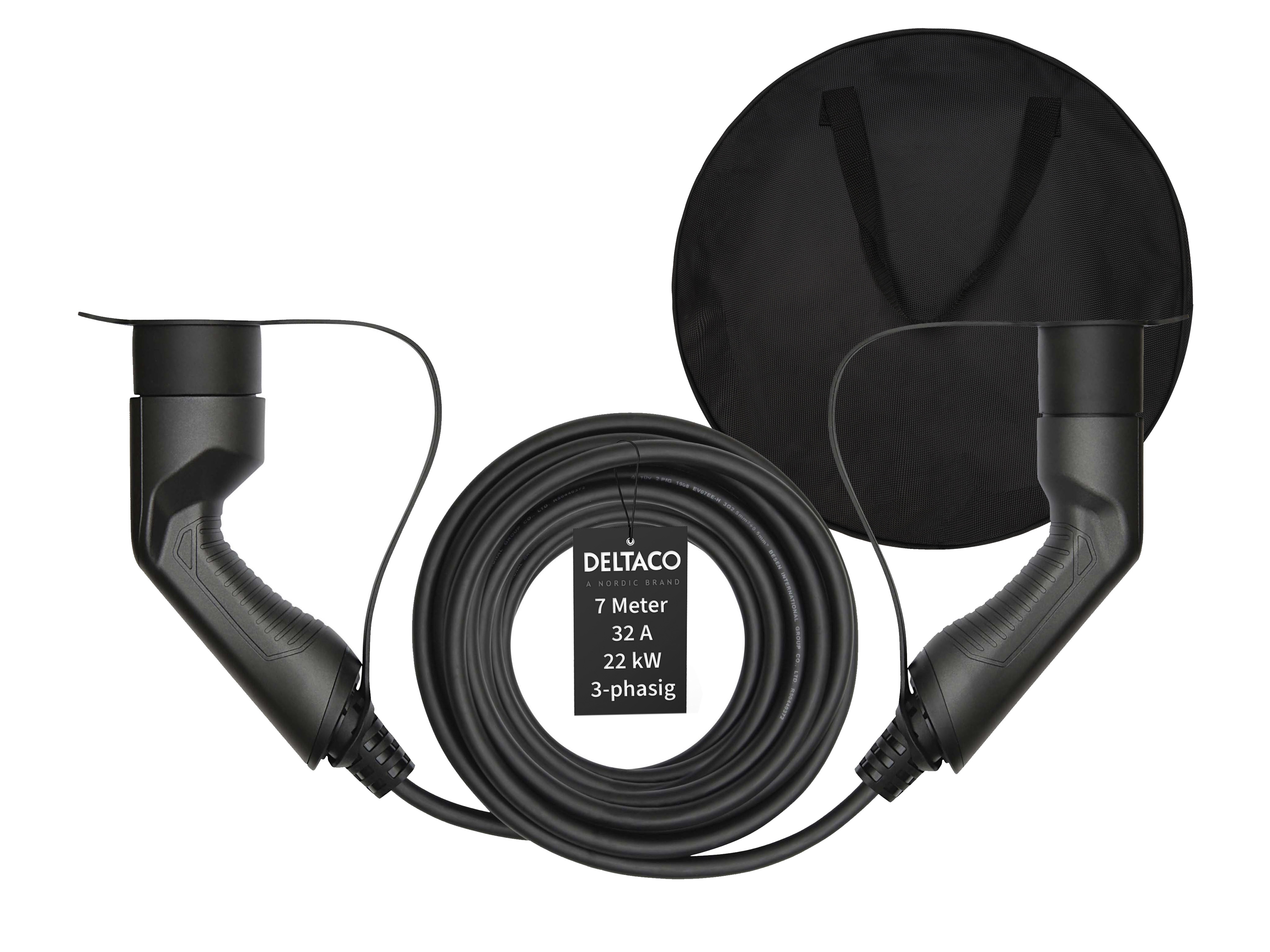 Deltaco EV-Ladekabel + Tasche, Typ2 auf Typ2, 32 A, 22 kW, 3-phasig 7m - Bild 1