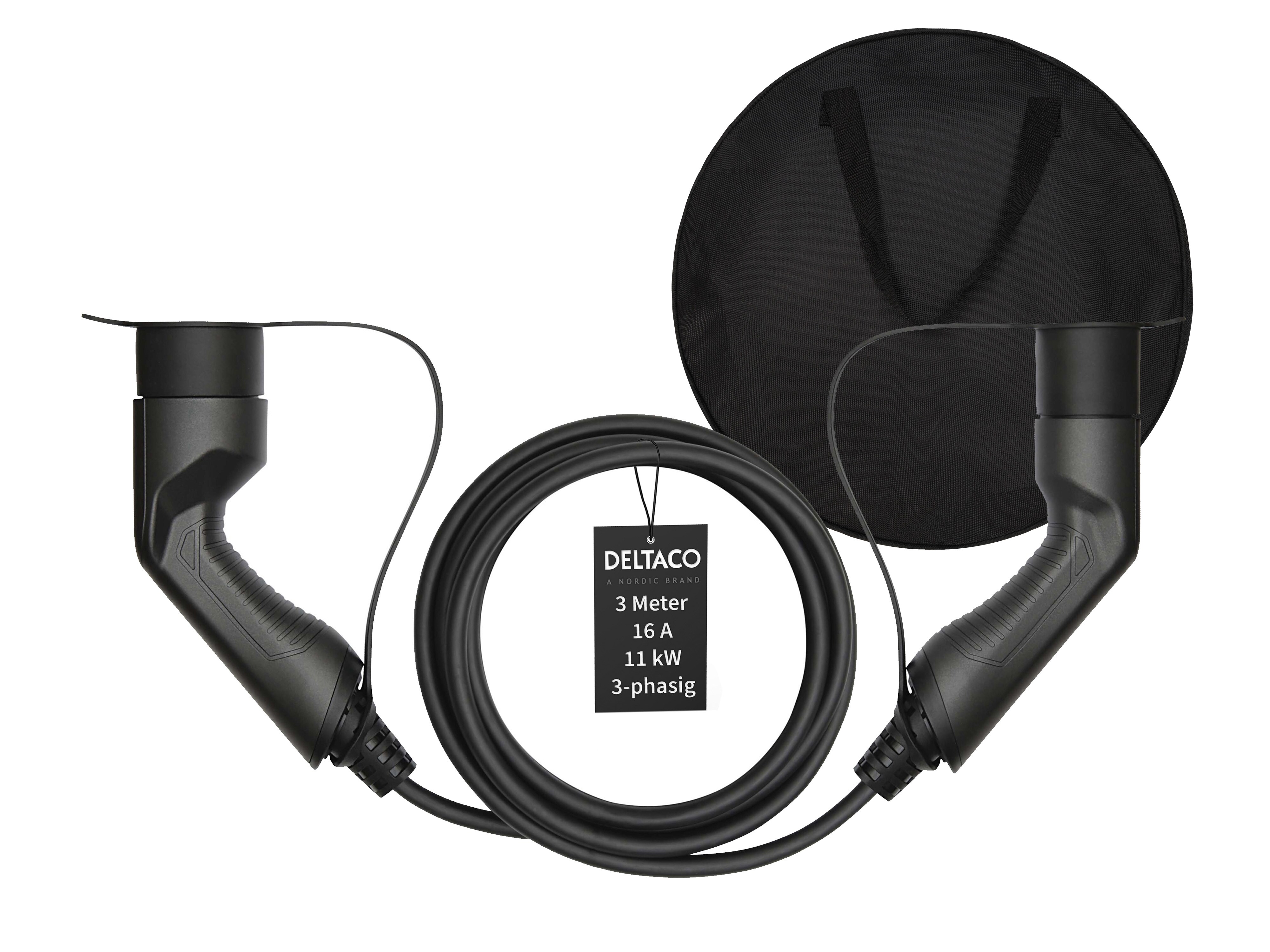 Deltaco EV-Ladekabel + Tasche, Typ2 auf Typ2, 16 A, 11 kW, 3-phasig 3m - Bild 1