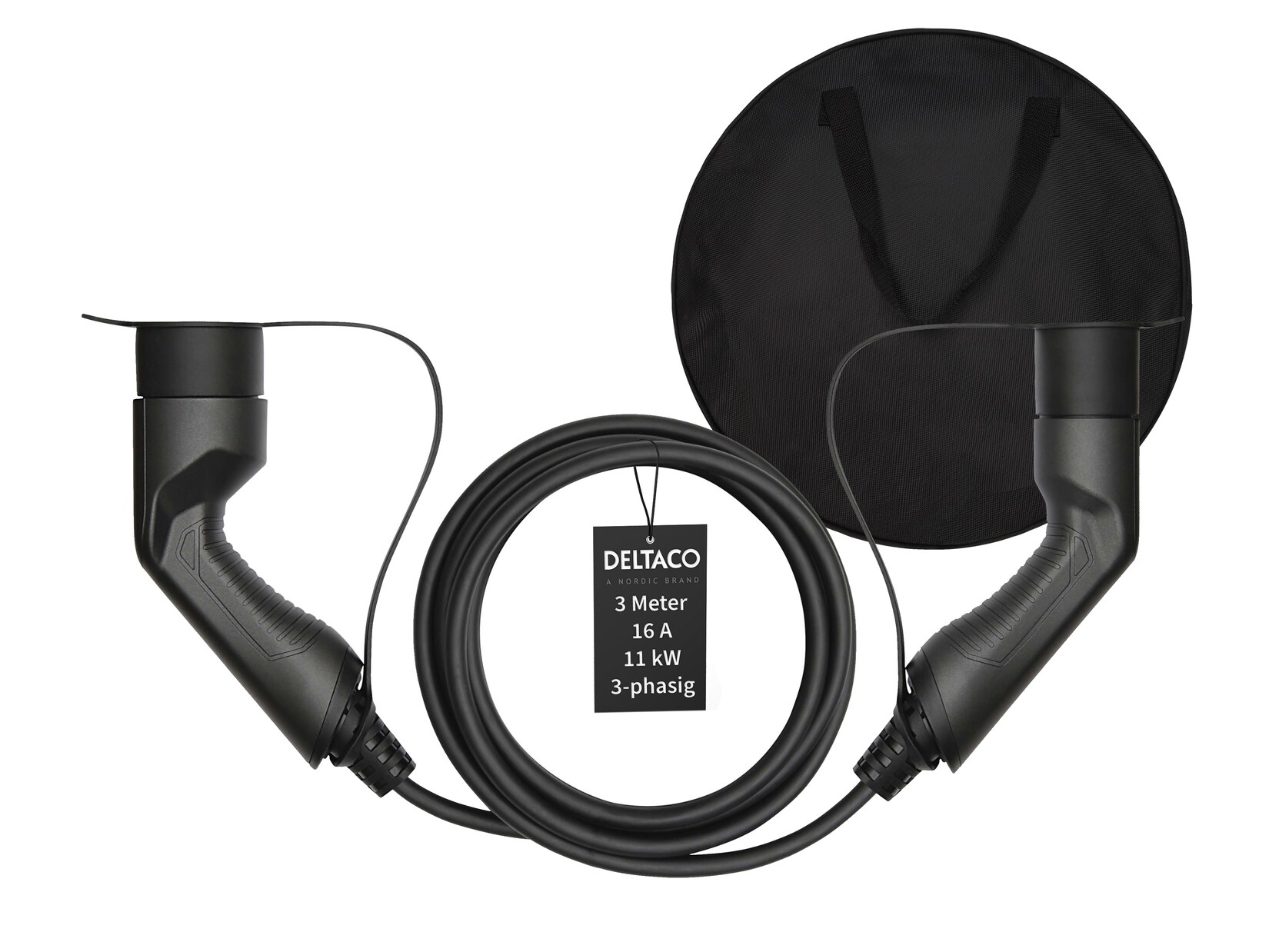Deltaco EV-Ladekabel + Tasche, Typ2 auf Typ2, 16 A, 11 kW, 3-phasig 3m | 07333048056757