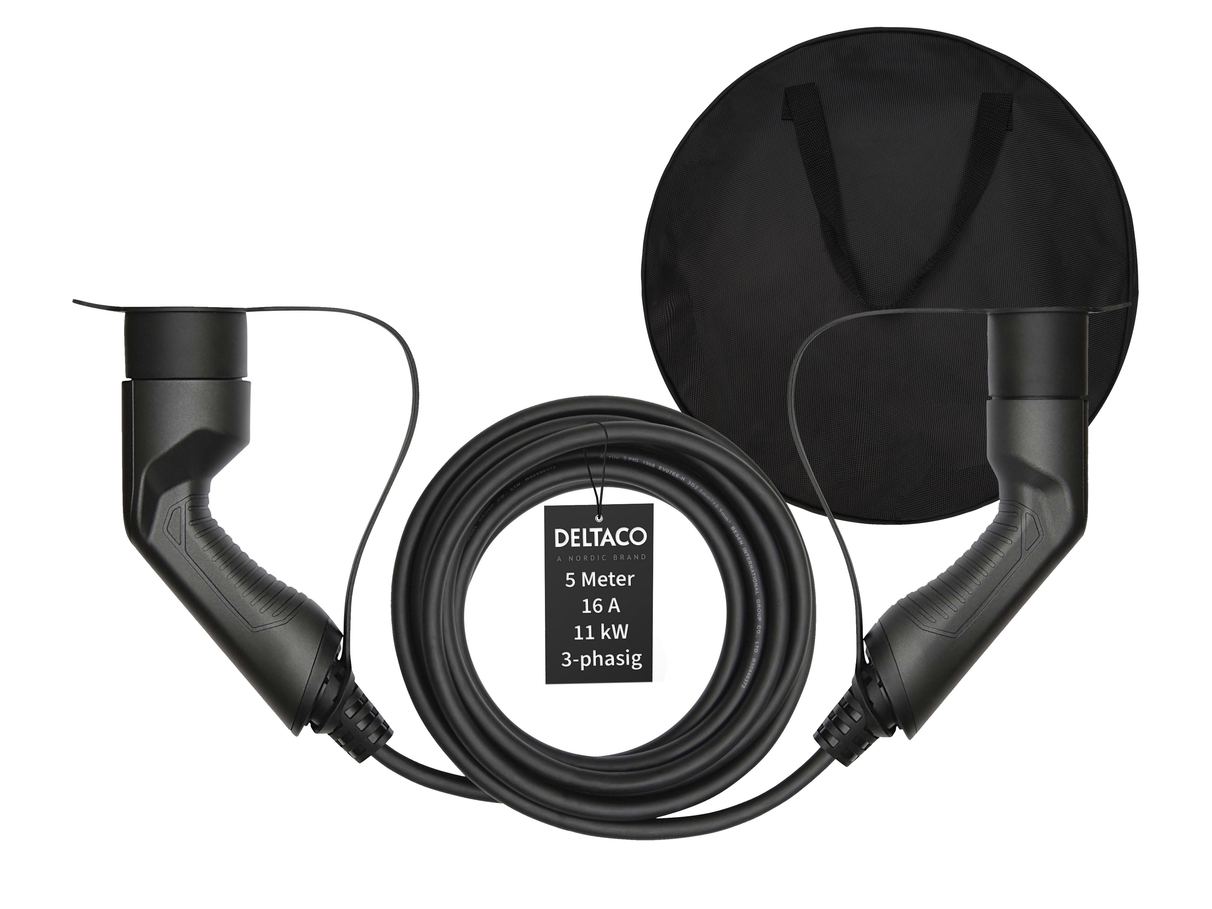 Deltaco EV-Ladekabel + Tasche, Typ2 auf Typ2, 16 A, 11 kW, 3-phasig 5m - Bild 1