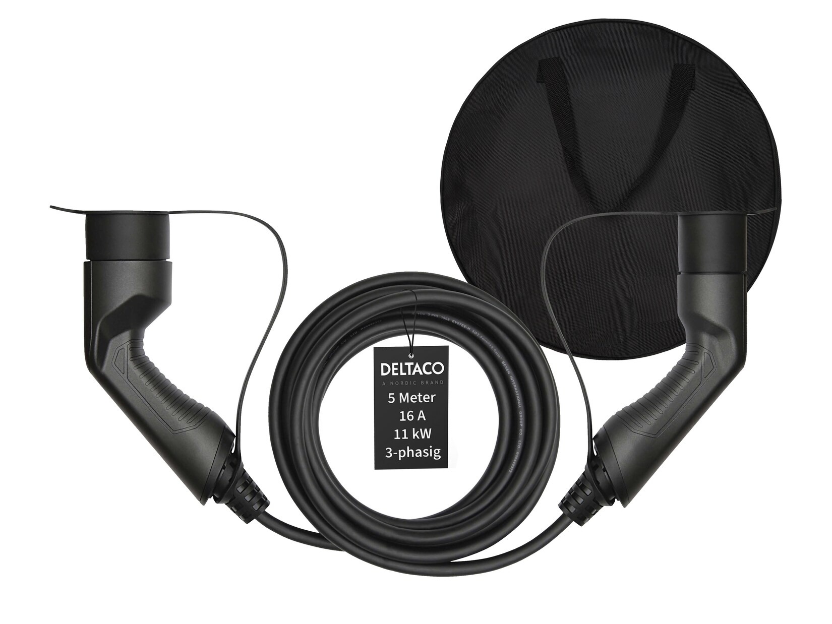 Deltaco EV-Ladekabel + Tasche, Typ2 auf Typ2, 16 A, 11 kW, 3-phasig 5m