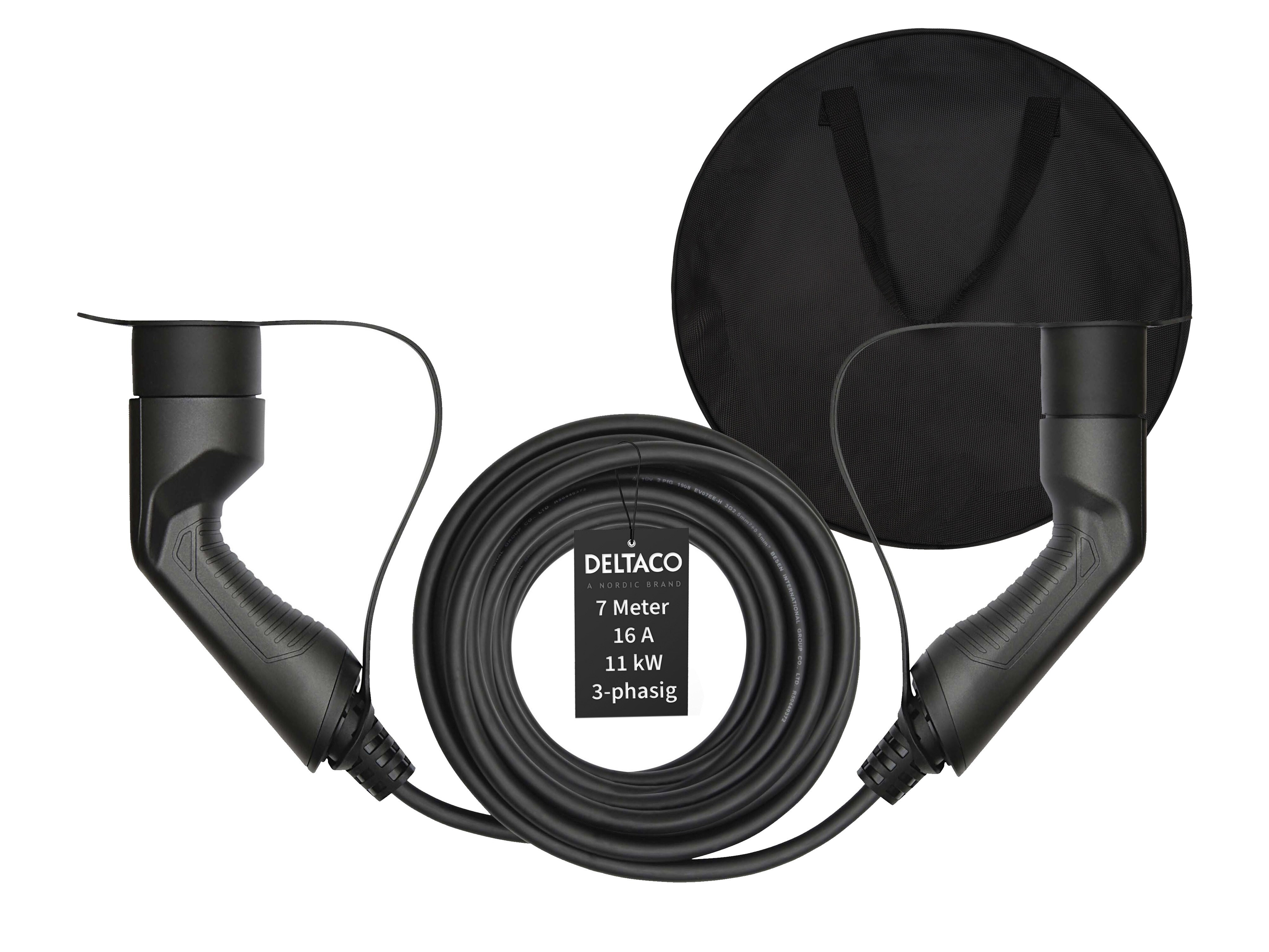Deltaco EV-Ladekabel + Tasche, Typ2 auf Typ2, 16 A, 11 kW, 3-phasig 7m - Bild 1