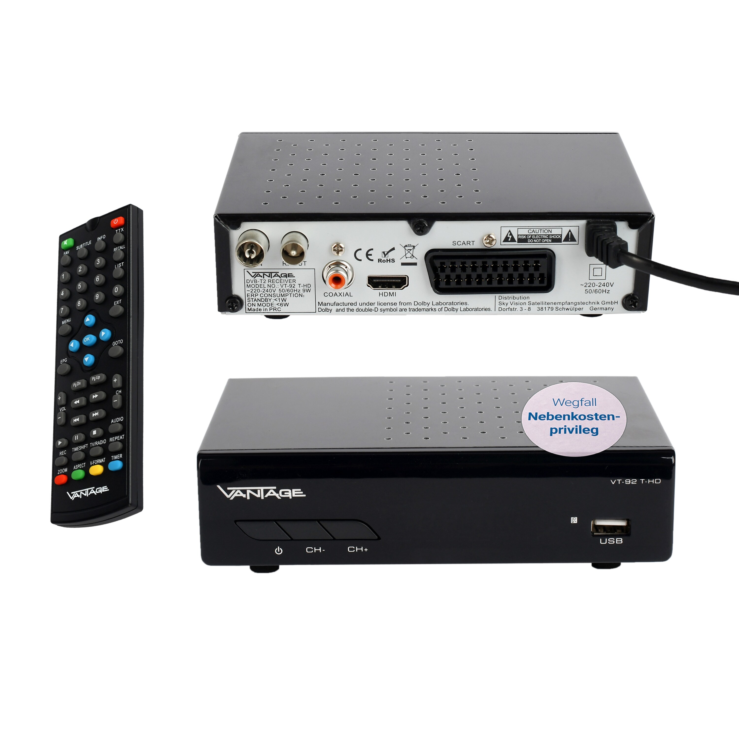 Vantage VT-92 DVB-T2 Receiver, Full HD 1080p, HDMI und SCART - Bild 1