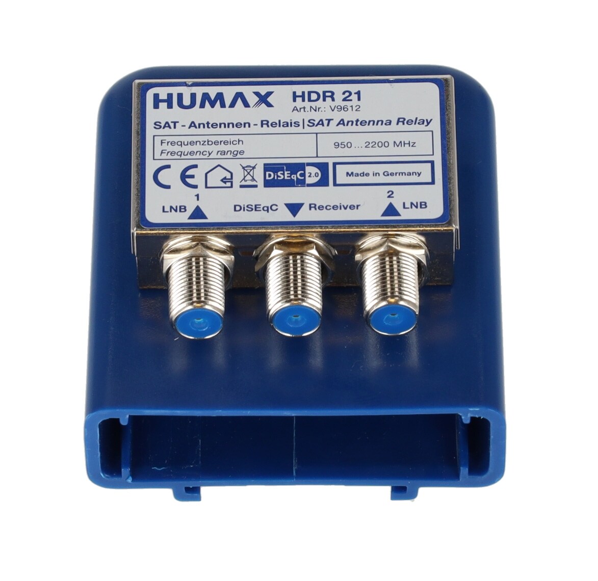 Humax DiSEqC Relais 2/1 mit Wetterschutz für 2 Single SAT-LNBs, blau | 04043745996128