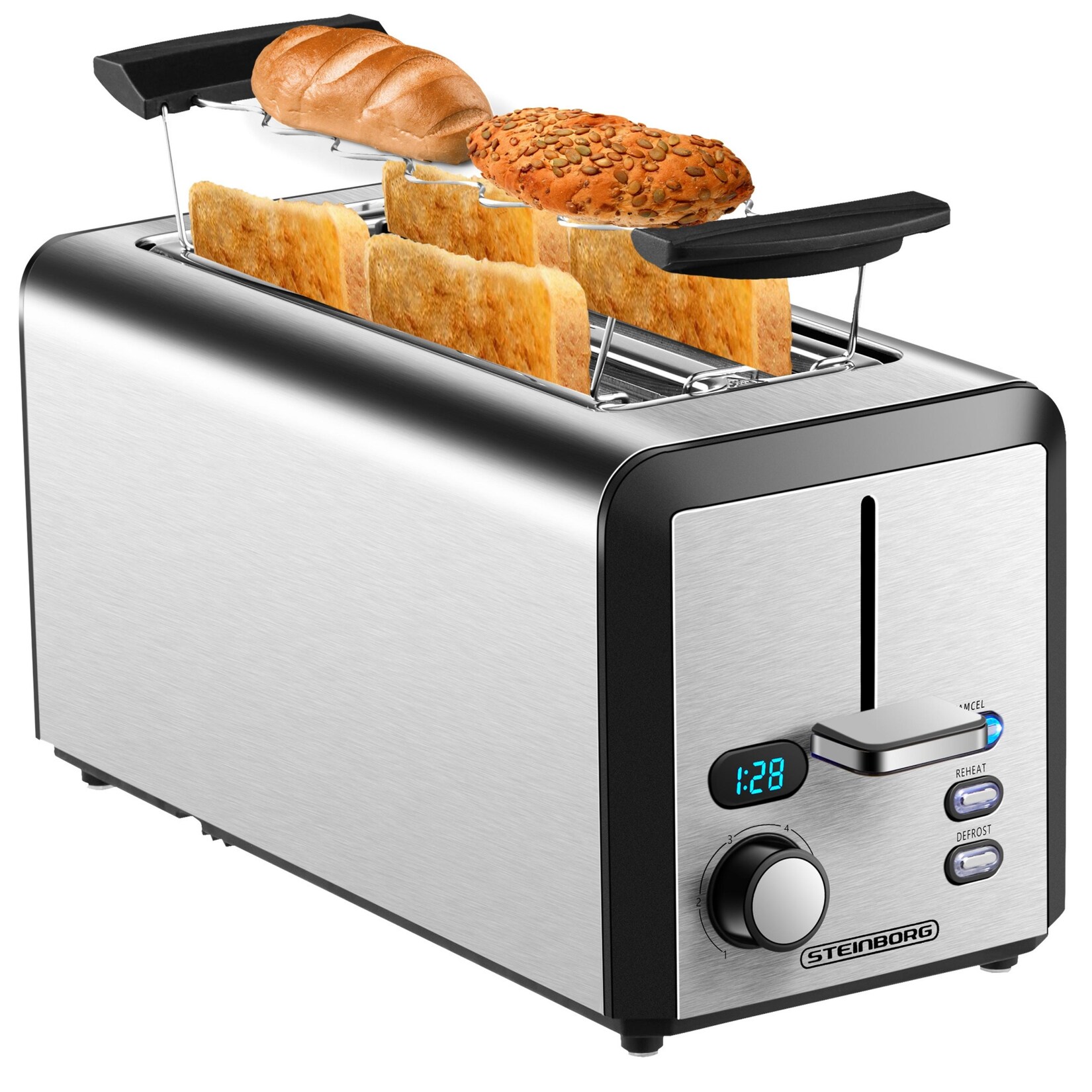Steinborg Langschlitz Toaster Digitales Display m. Brötchenaufsatz 1500W