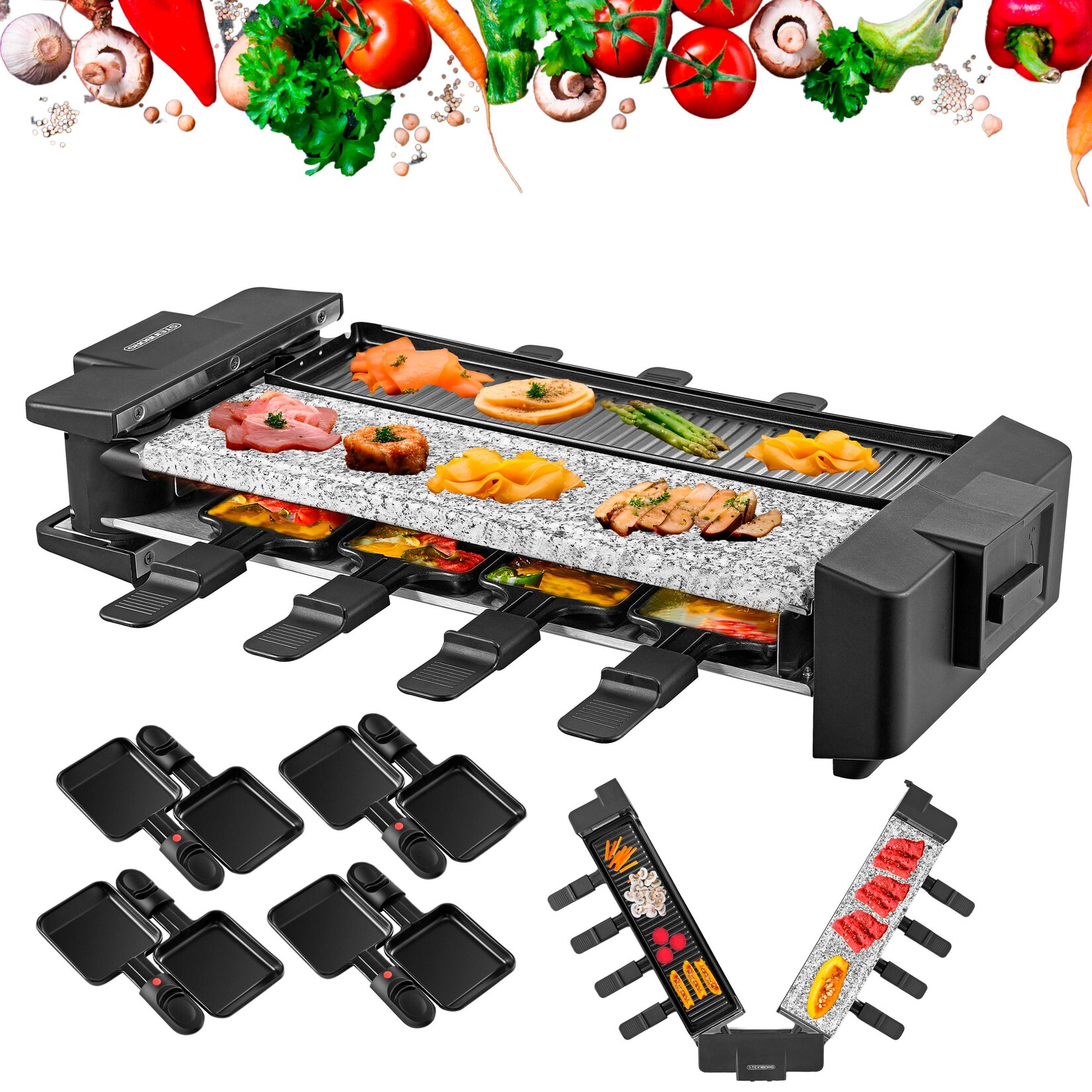 Steinborg Raclette Grill für 8 Personen m. teilbarer Grillfläche 1500W | 04260677793582