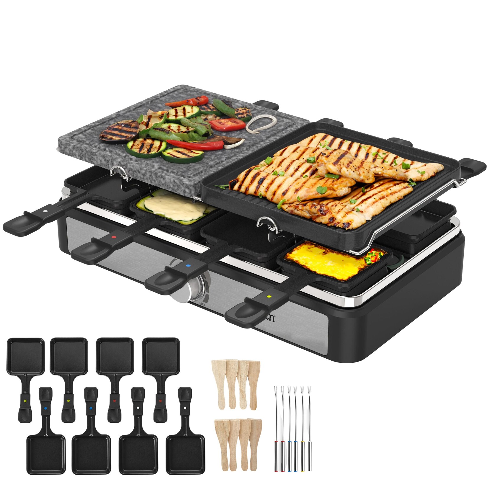 Zilan Raclette Grill für 8 Personen mit kombinierter Grillfläche Naturgrillstein und Grillplatte 1400W | 08682744808863