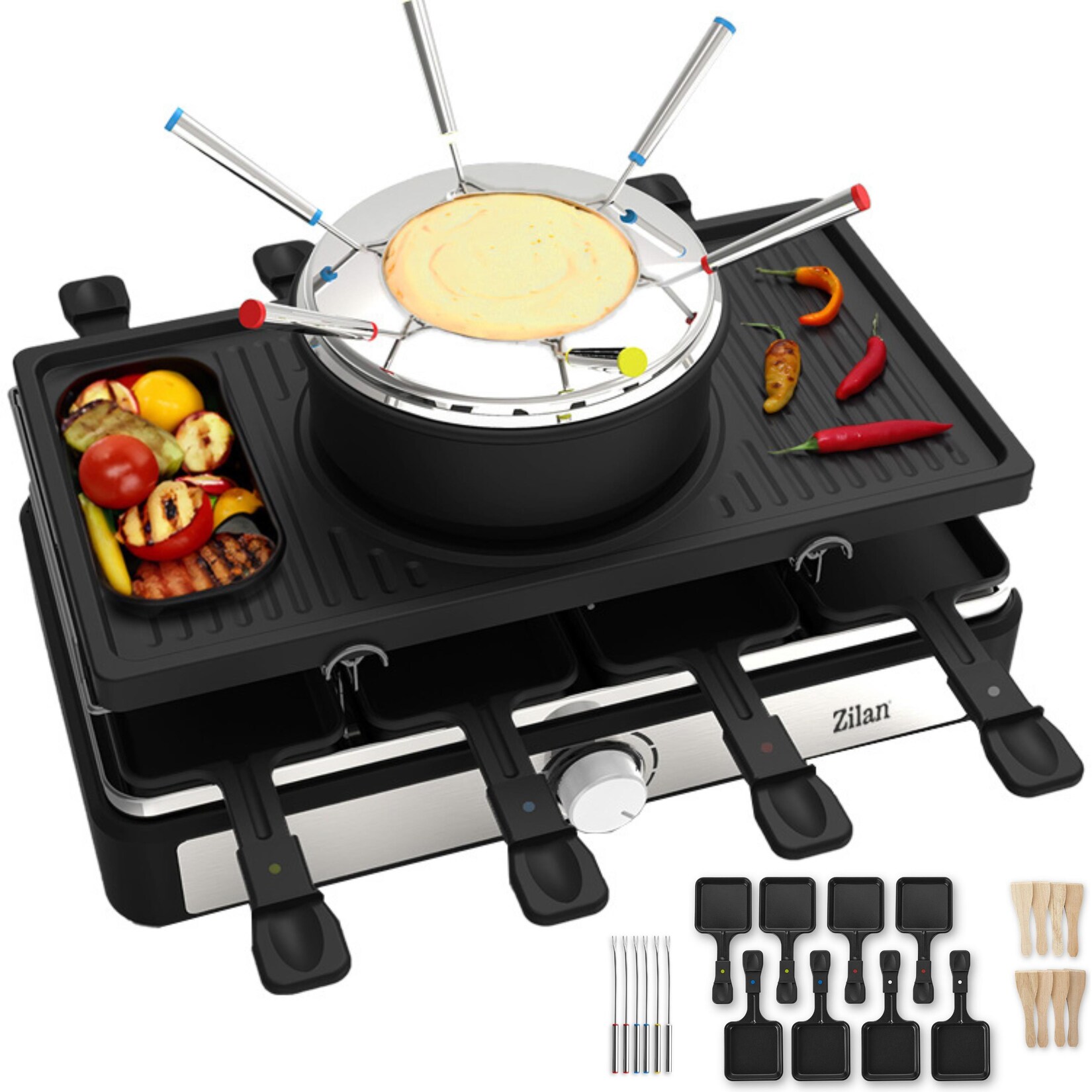 Zilan 3in1 Raclette Grill für 8 Personen mit Fondue Set 1400W | 08682744810095