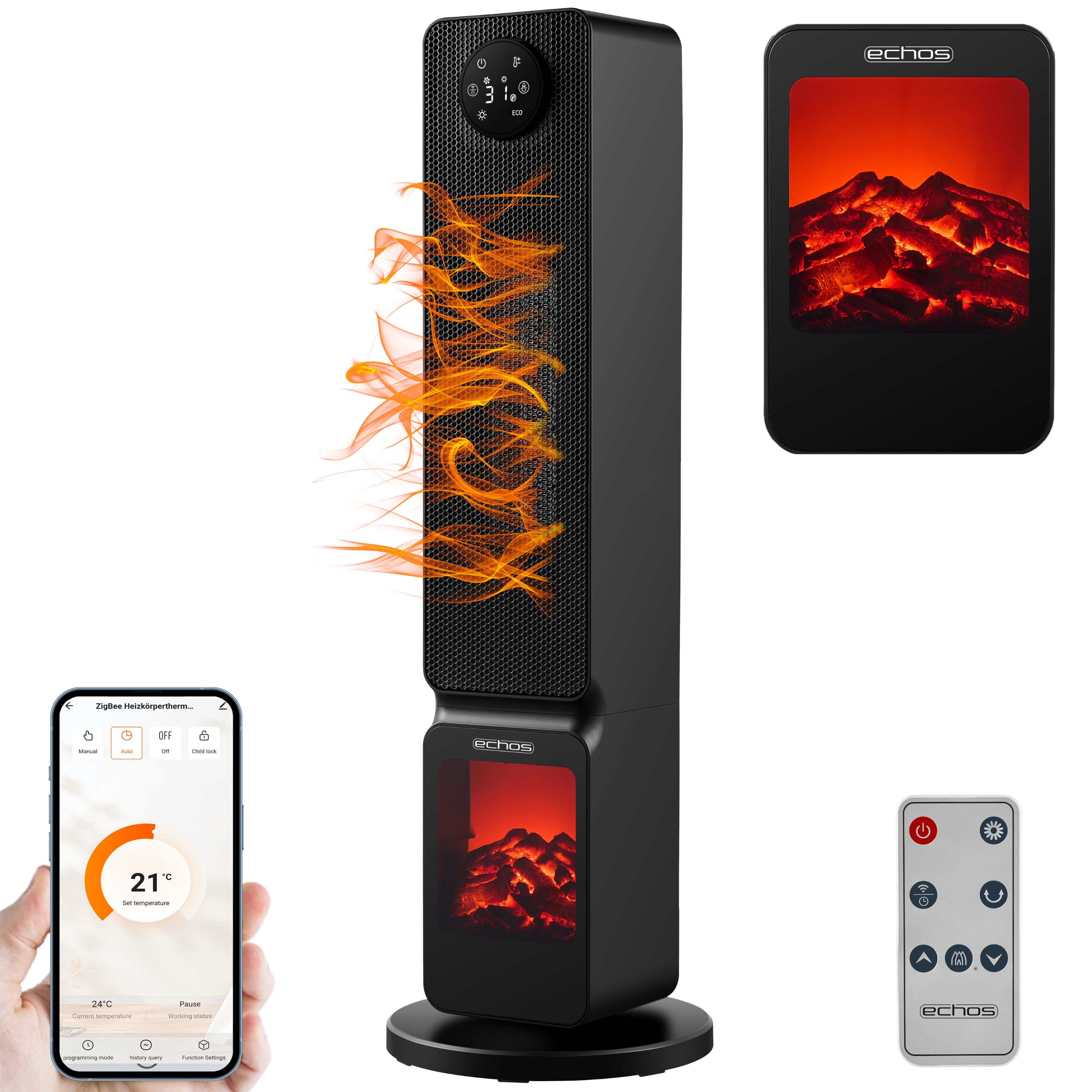Echos Wifi Heizl&uuml;fter mit Kaminillusion 2000W Smart Life App - Bild 1