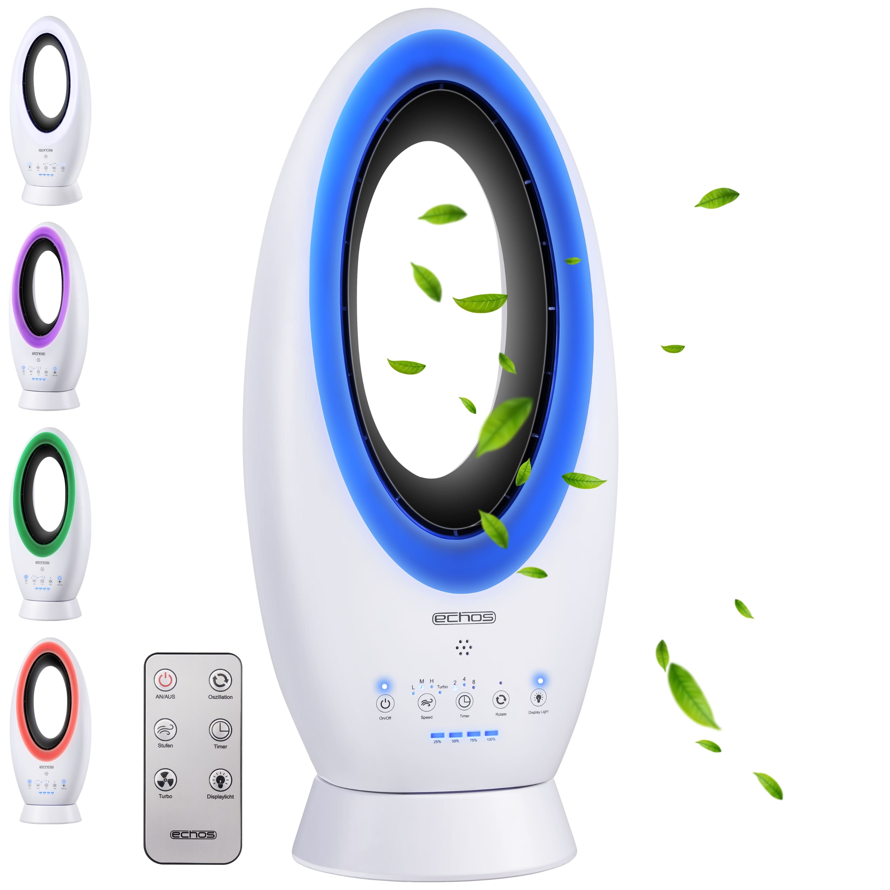 Echos 2-in-1 Design Akku Turmventilator Kabellos Fernbedienung LED Beleuchtung - Bild 1