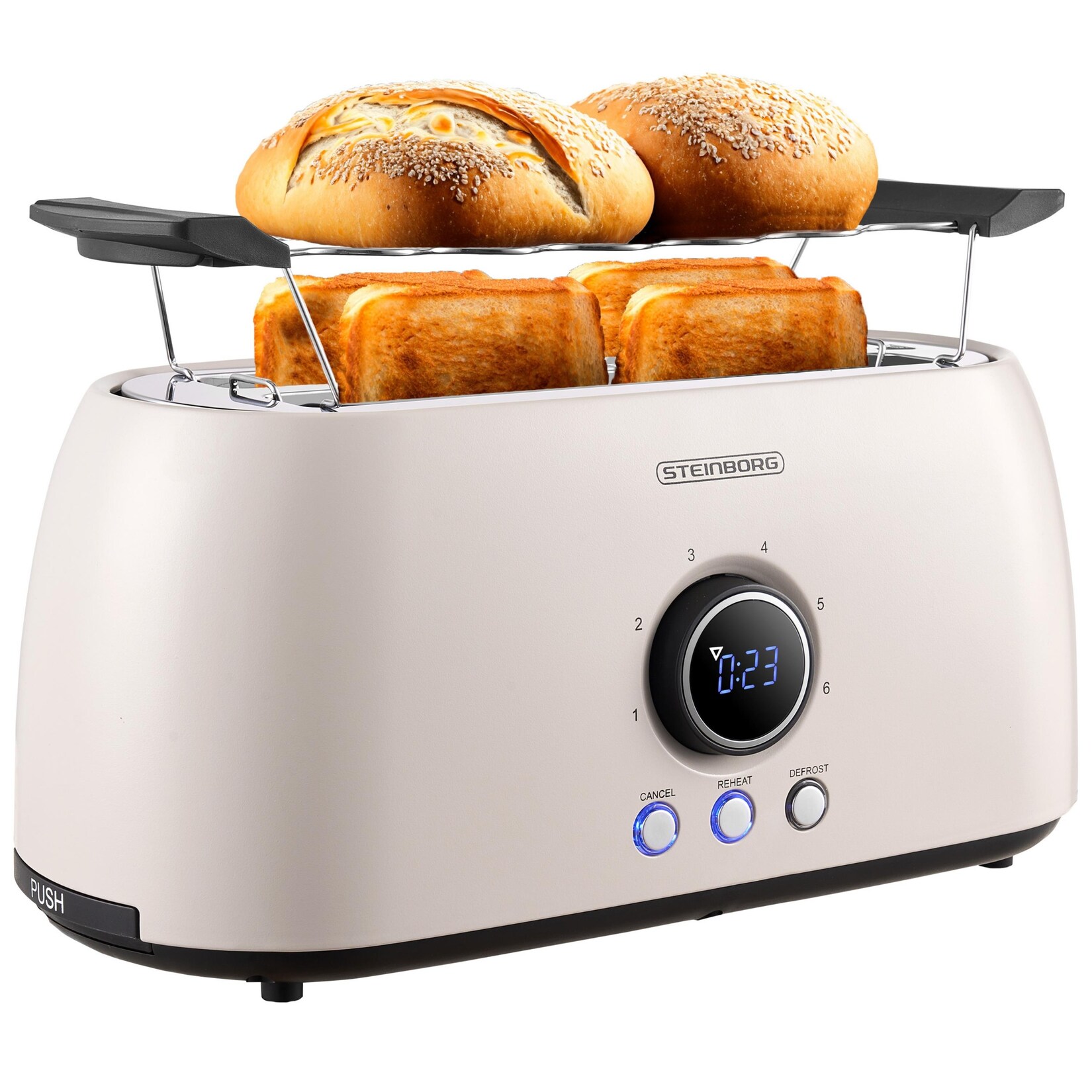 Steinborg 4 Scheiben XXL Toaster Digitales Display m. Brötchenaufsatz Beige