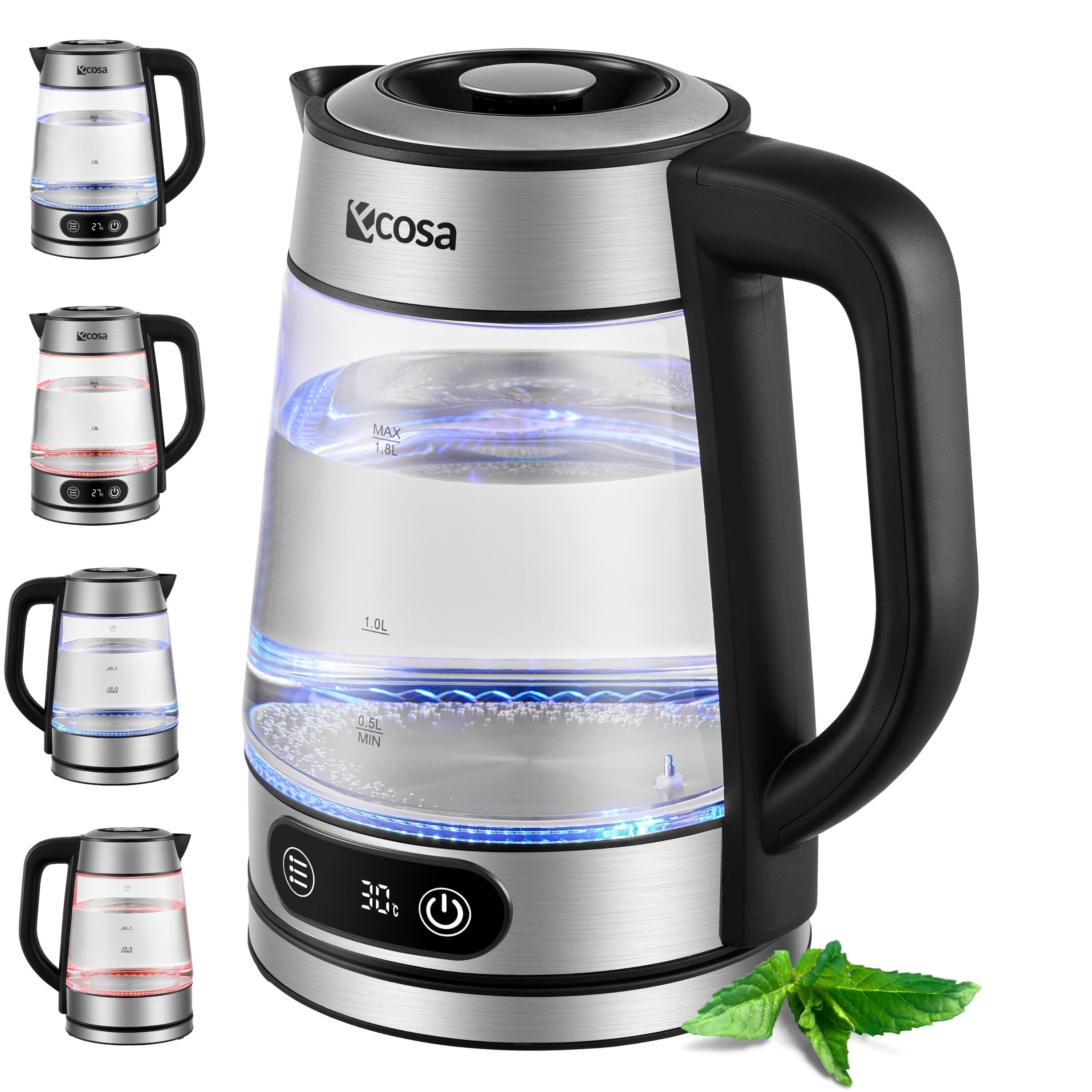 Ecosa Glas Wasserkocher m. Temperatureinstellung 1.8L 2200W - Bild 1