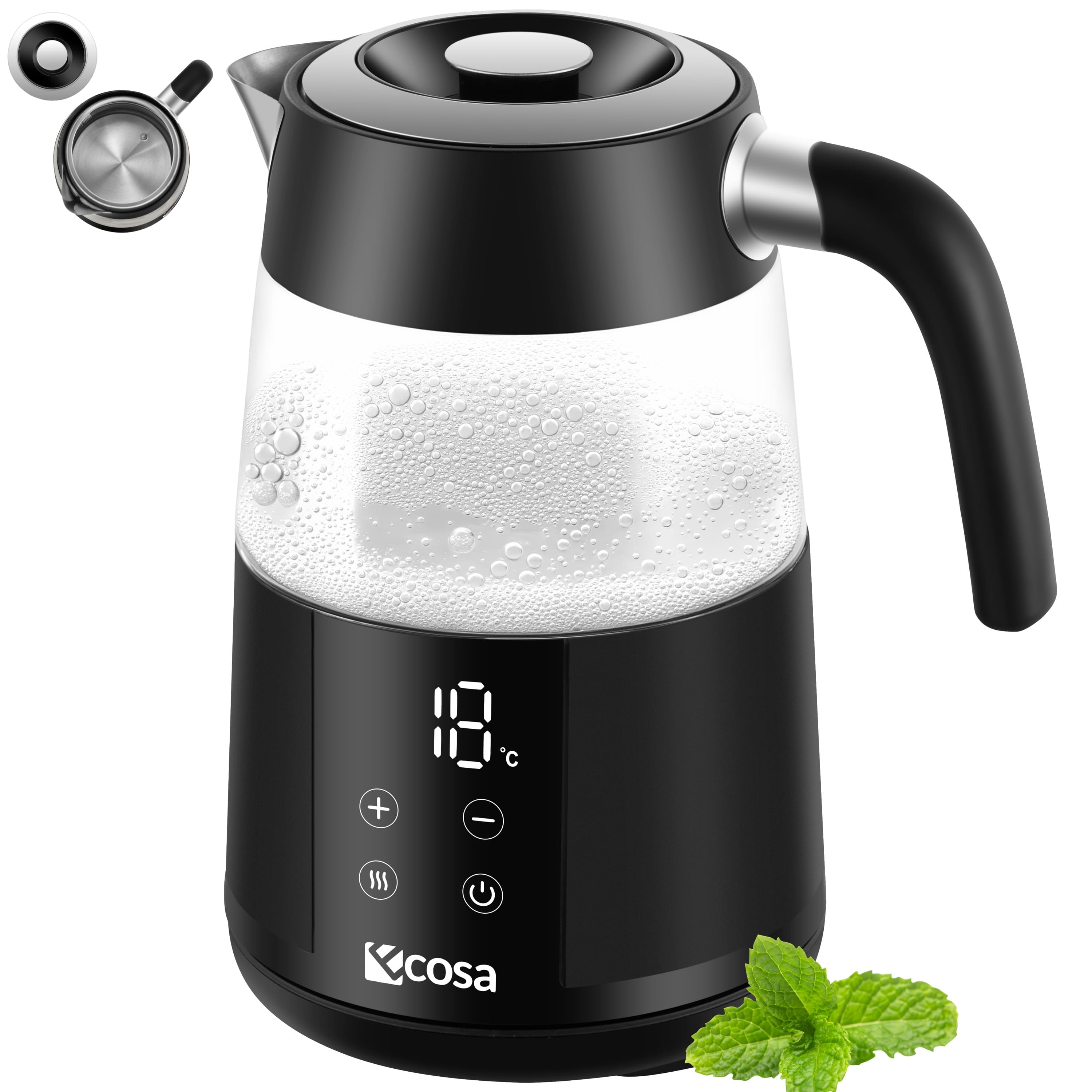 Ecosa Glas Wasserkocher m. Temperatureinstellung Sensor-Touchdisplay 1.7L 2200W Schwarz - Bild 1