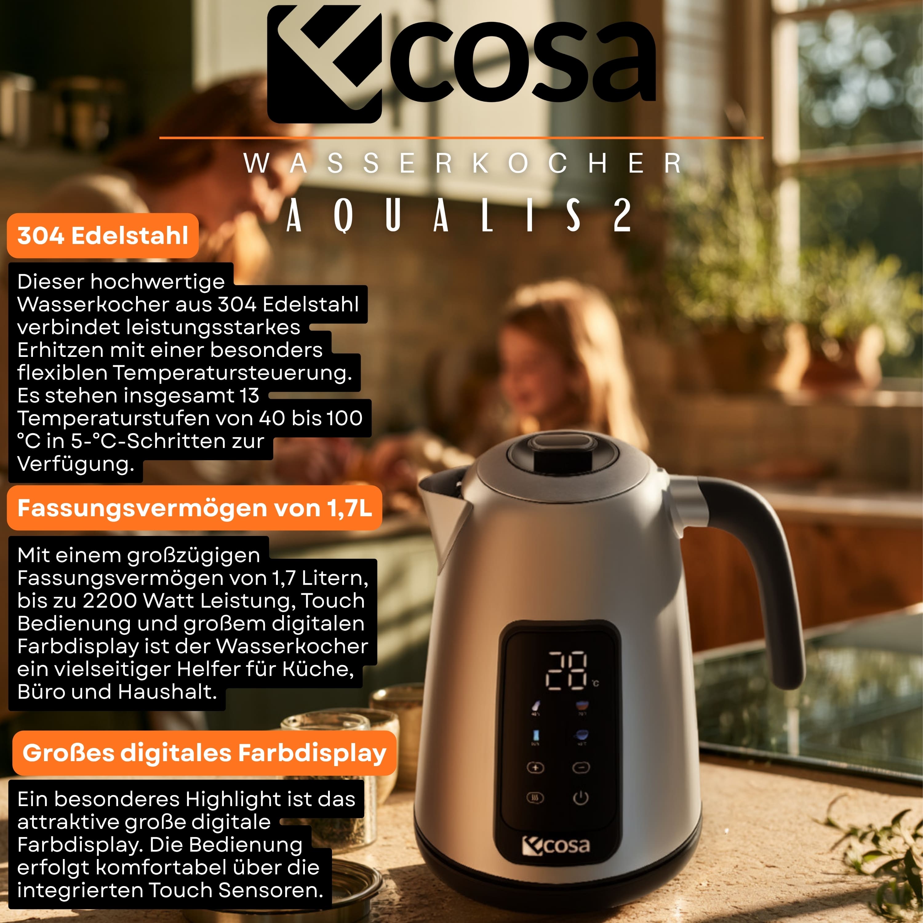 Ecosa Edelstahl Wasserkocher mit Temperatureinstellung 1,7L 2200W