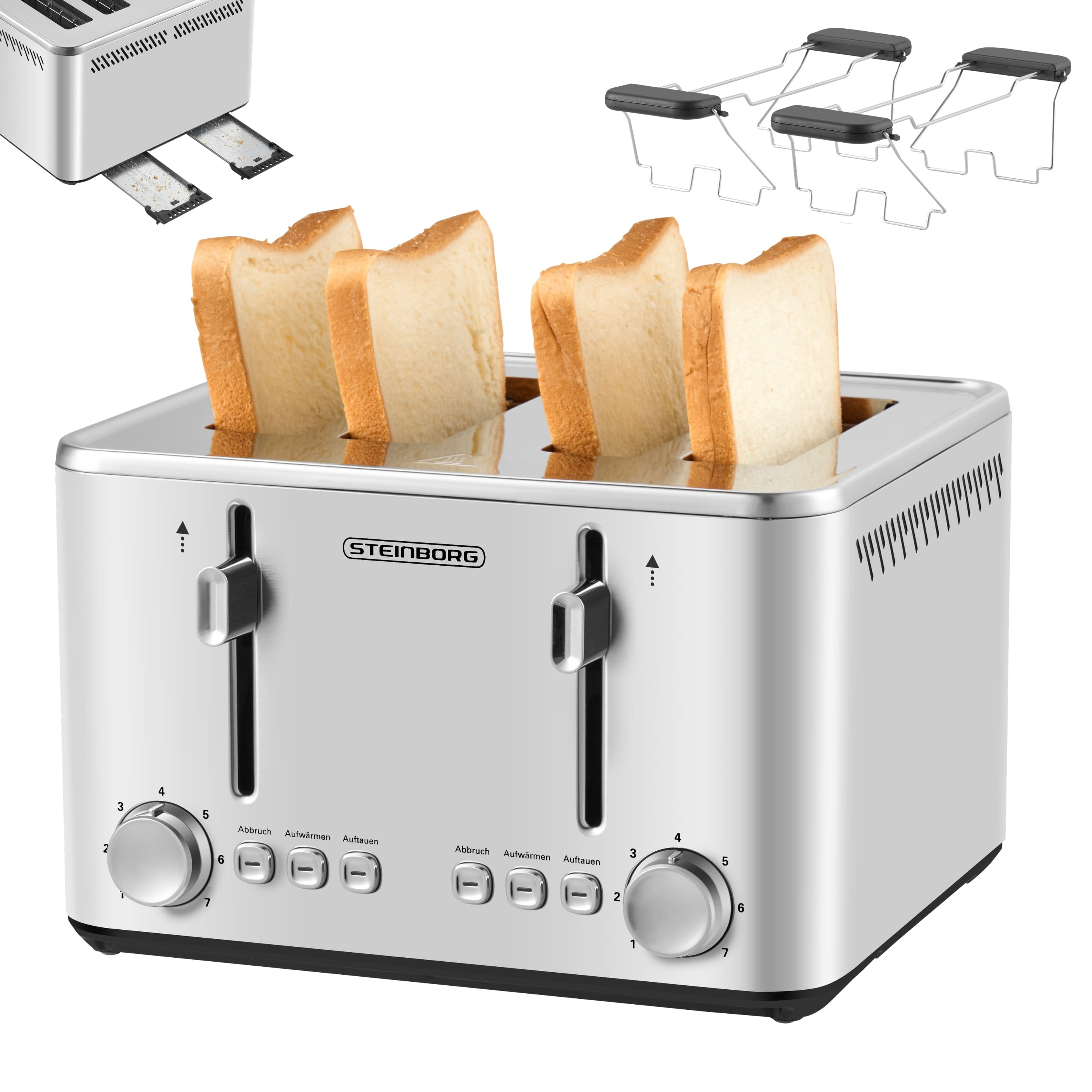 Steinborg 4 Scheiben Edelstahl Toaster mit Br&ouml;tchenaufsatz 1900W - Bild 1