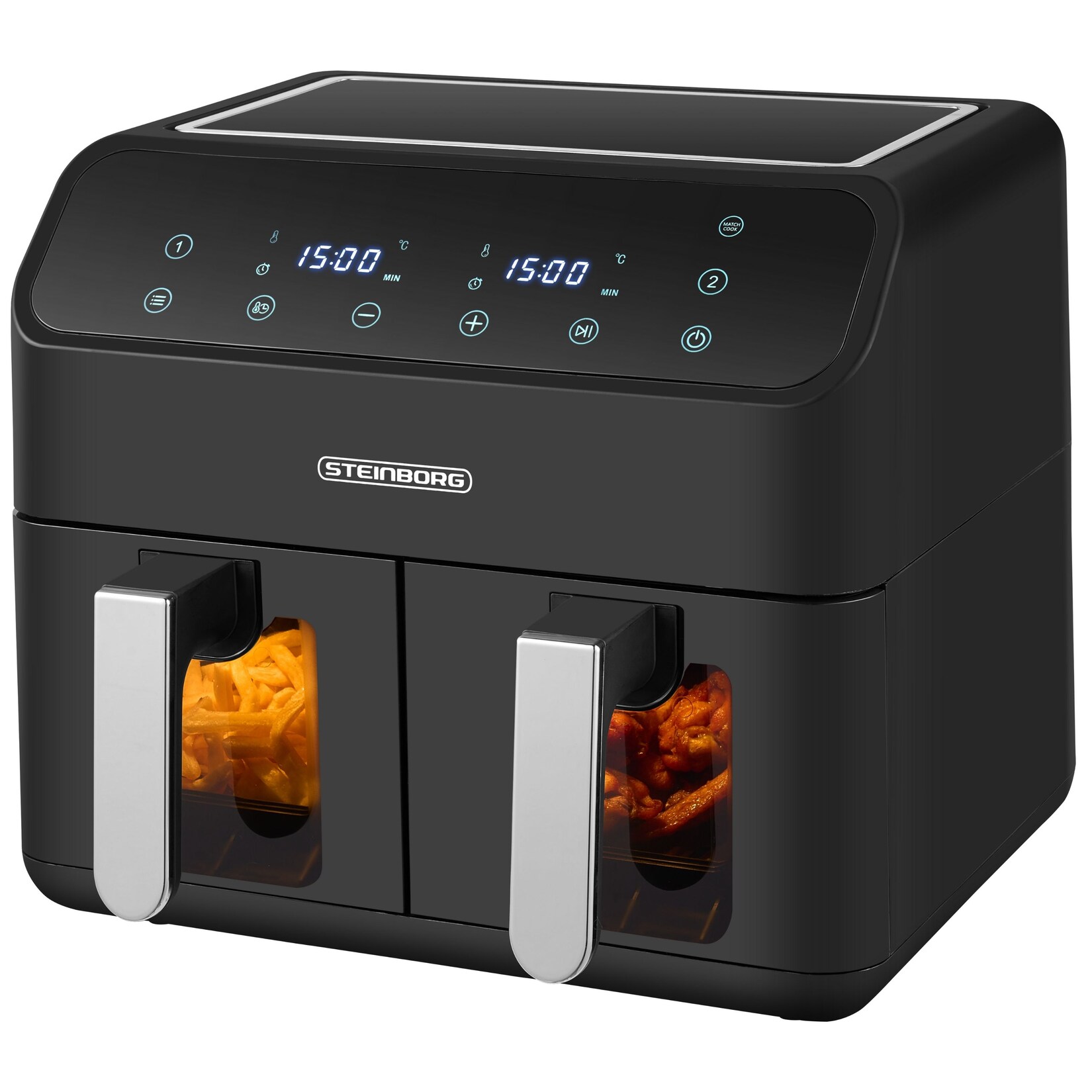 Steinborg Dual Heißluftfritteuse 4+4L Antihaftbeschichtung Dampfauslass 2000W