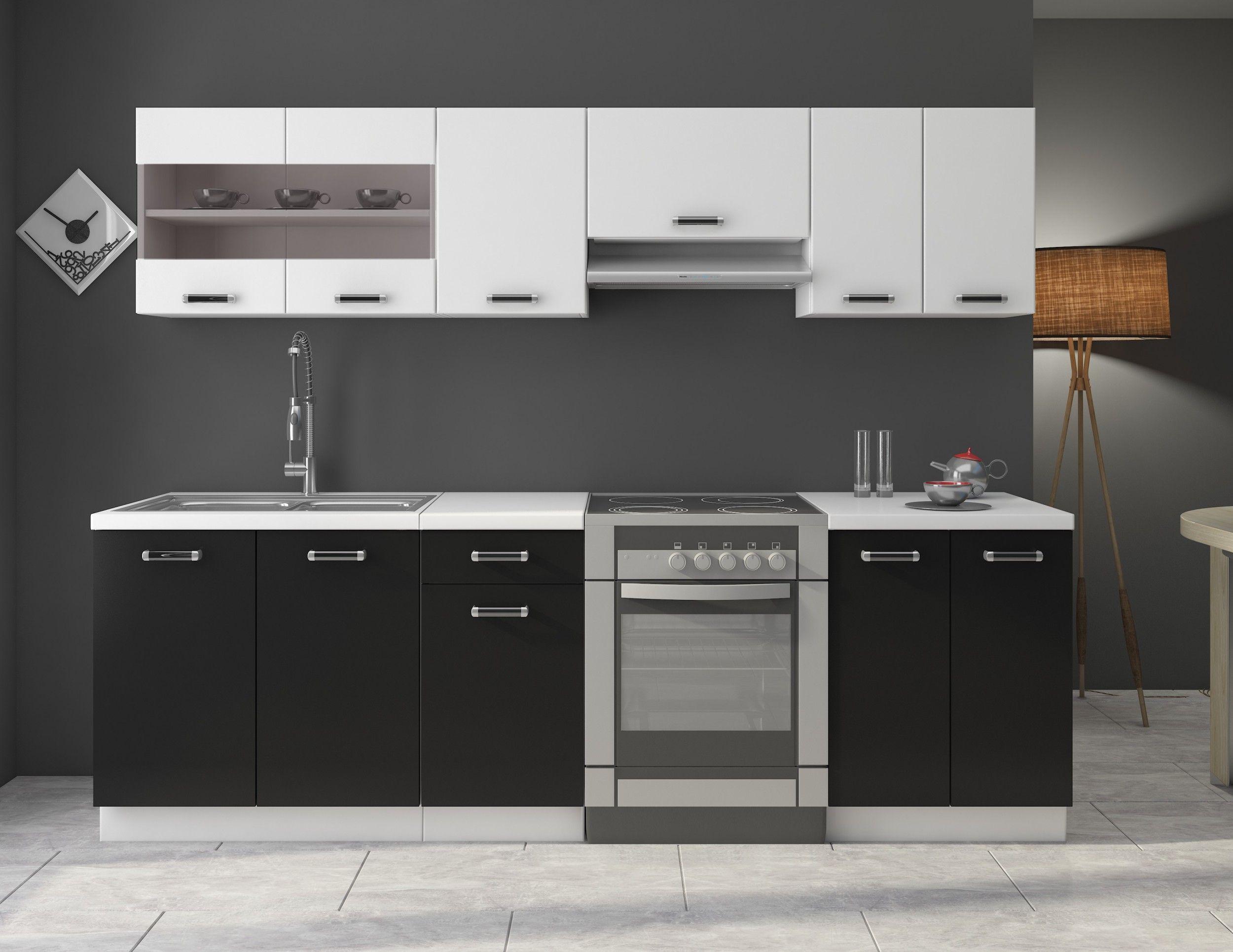 K&uuml;che Omega 240 cm K&uuml;chenzeile K&uuml;chenblock variabel stellbar in Schwarz Weiss - Bild 1