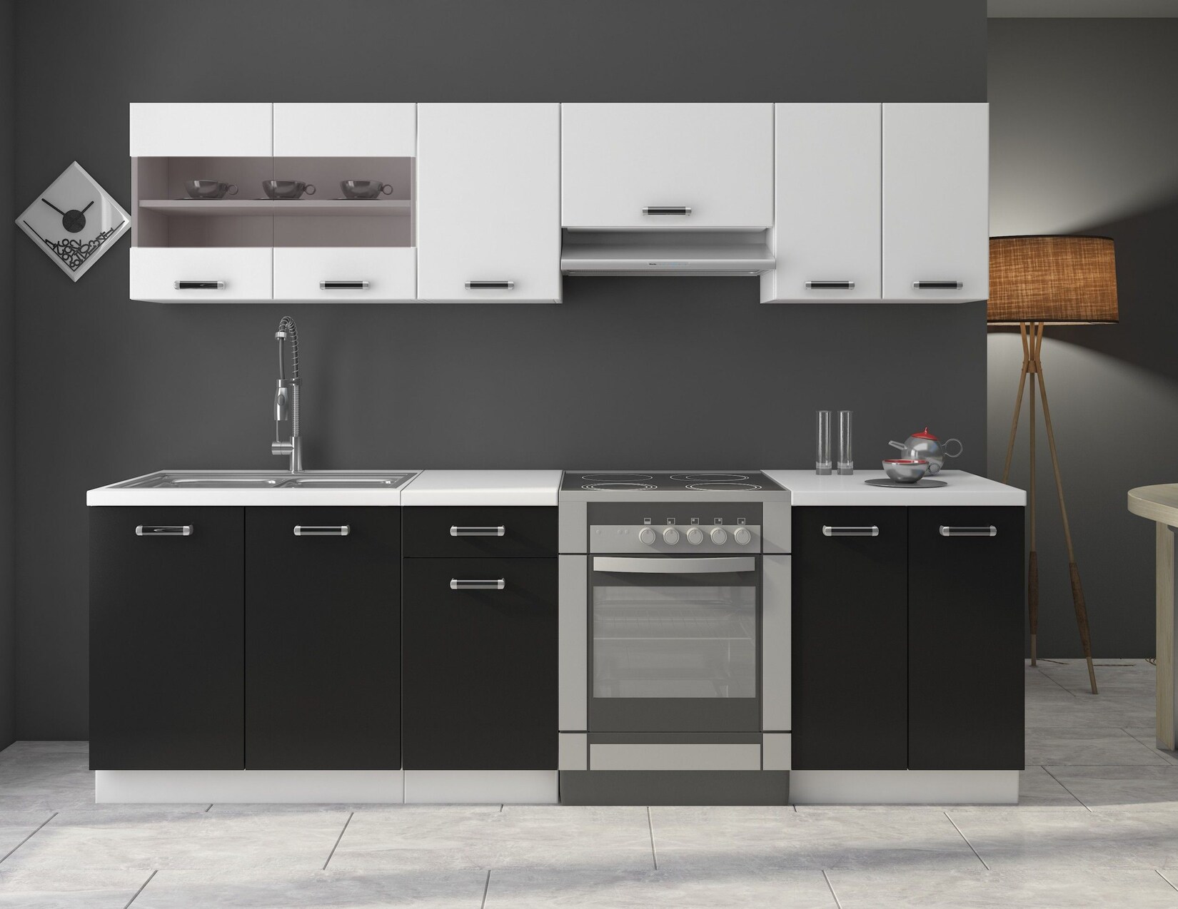 Küche Omega 240 cm Küchenzeile Küchenblock variabel stellbar in Schwarz Weiss | 04260304593226