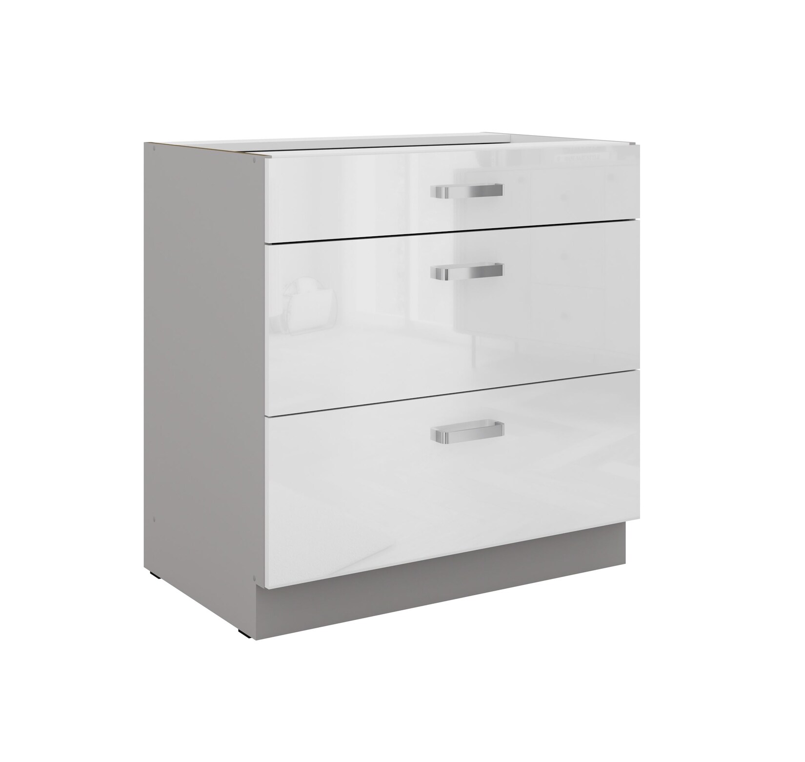 Küchen Unterschrank 80 Bianca Weiss Hochglanz + Grau Vollauszug Soft-Close