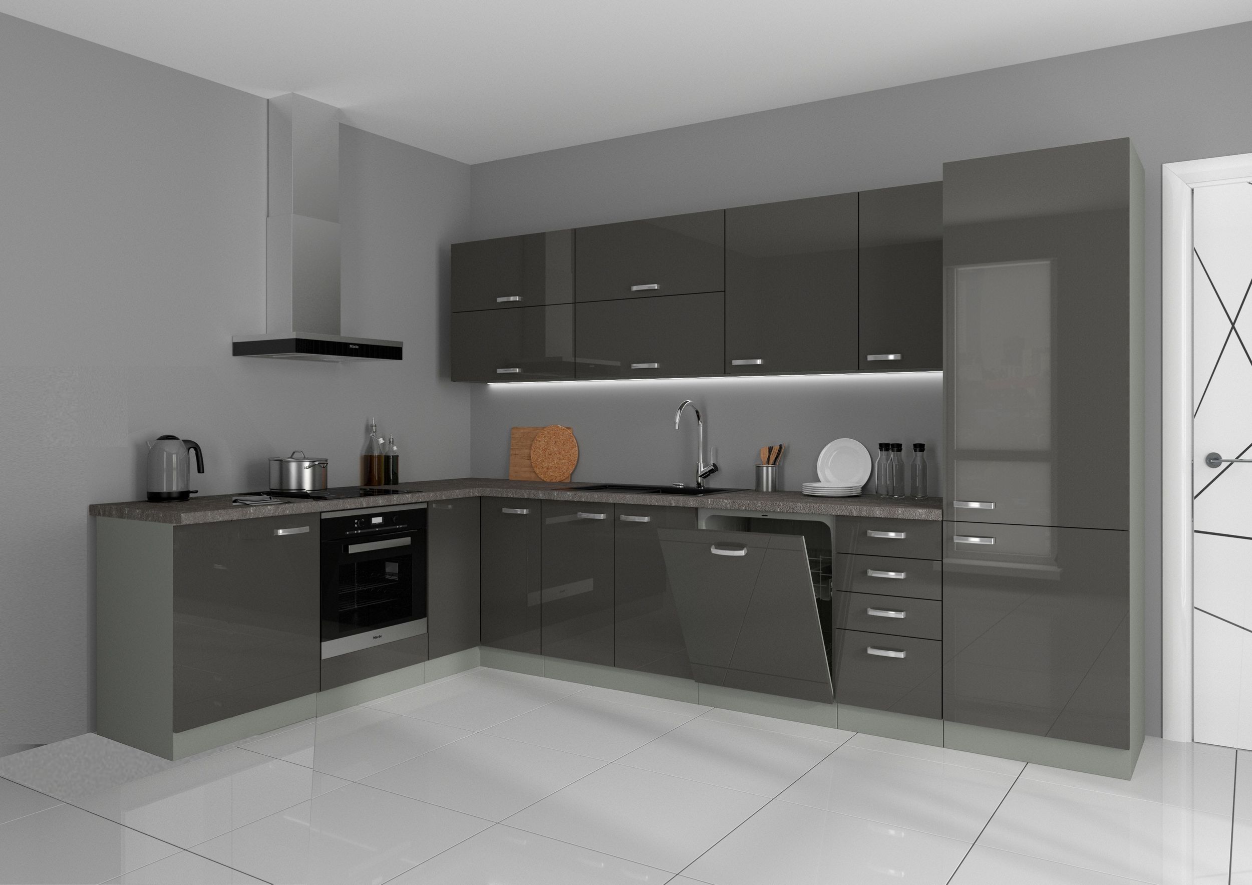 K&uuml;che Bianca Ecke II 210x330 cm K&uuml;chenzeile in Hochglanz Grau K&uuml;chenblock Grey - Bild 1
