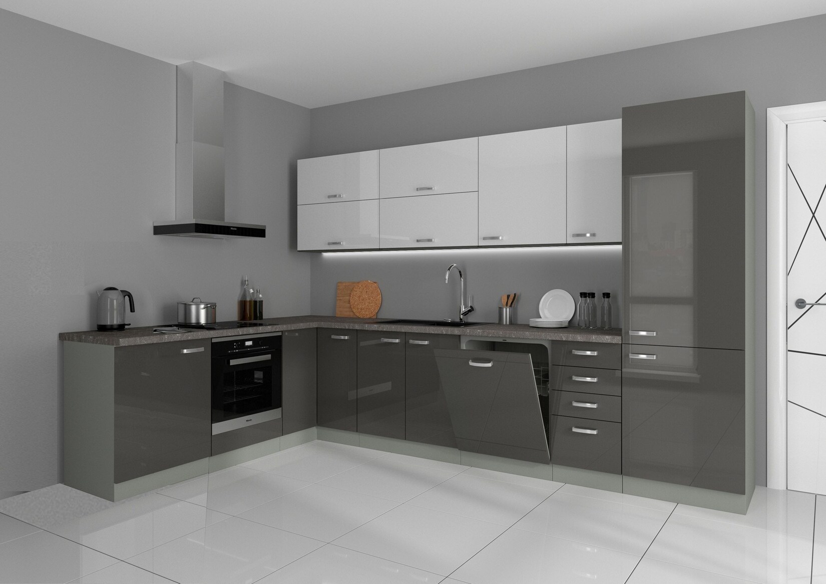 Küche Bianca Ecke IV 210×330 Küchenzeile Hochglanz Grau Weiss Küchenblock Grey | 04260304595947