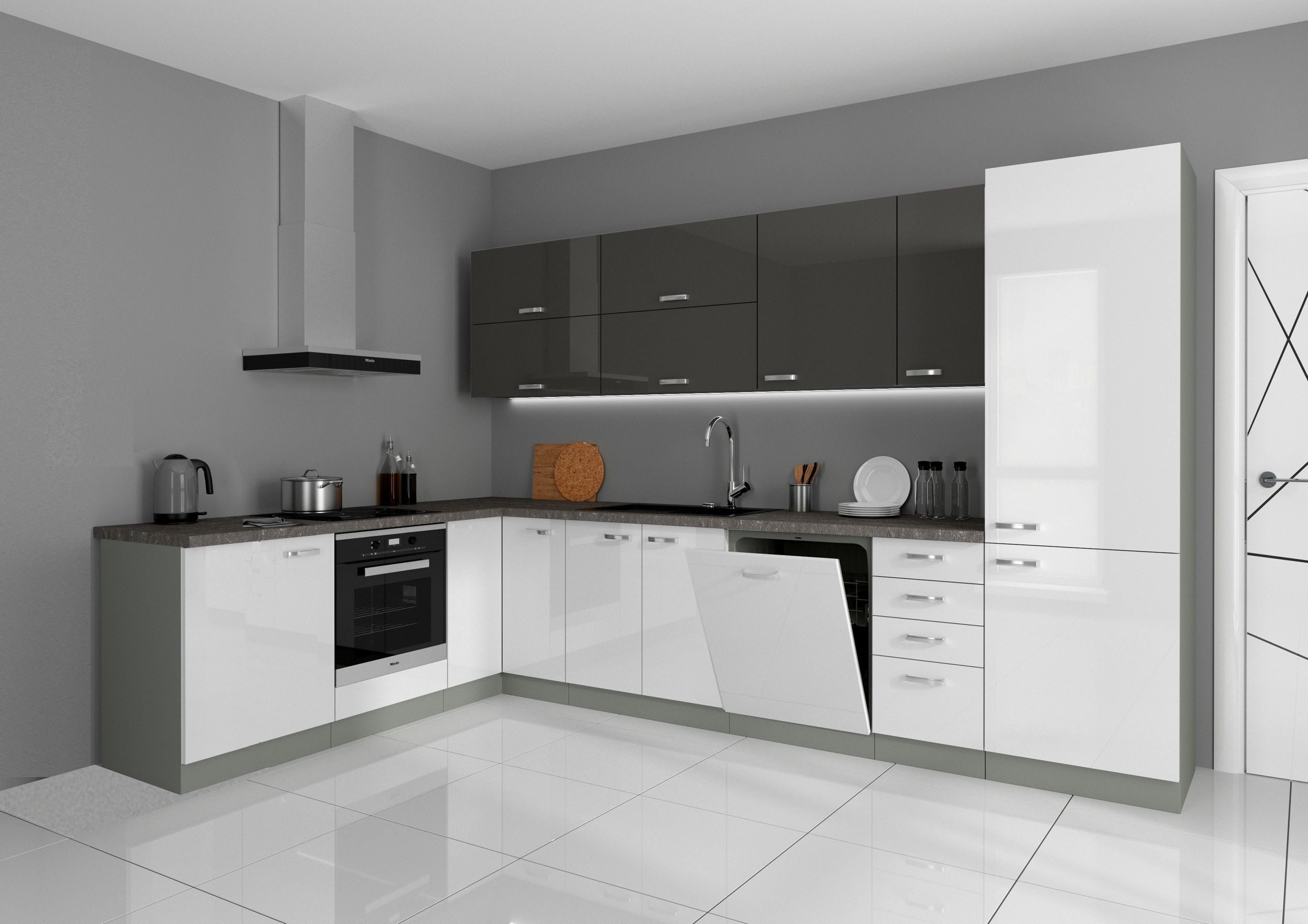 K&uuml;che Bianca Ecke V 210x330 K&uuml;chenzeile Hochglanz Weiss + Grau K&uuml;chenblock Grey - Bild 1