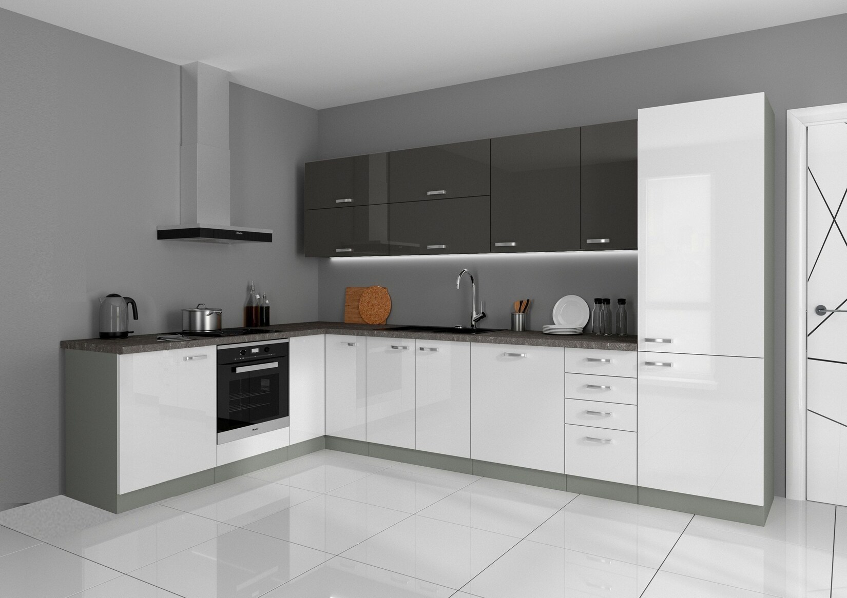 Küche Bianca Ecke V 210×330 Küchenzeile Hochglanz Weiss + Grau Küchenblock Grey | 04260304595954