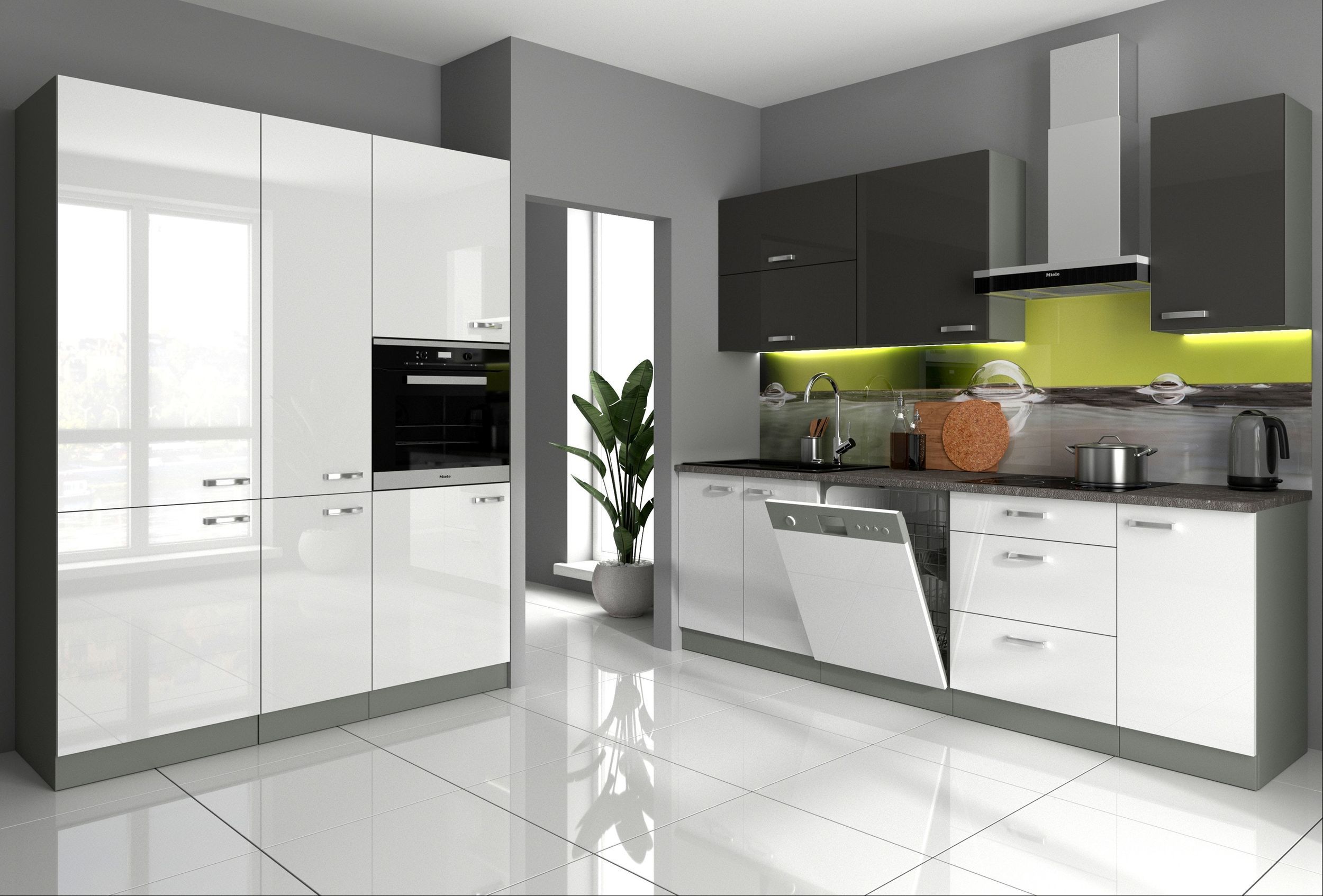 K&uuml;che Bianca V 240 + 160 cm K&uuml;chenzeile in Hochglanz Weiss Grau K&uuml;chenblock Grey - Bild 1