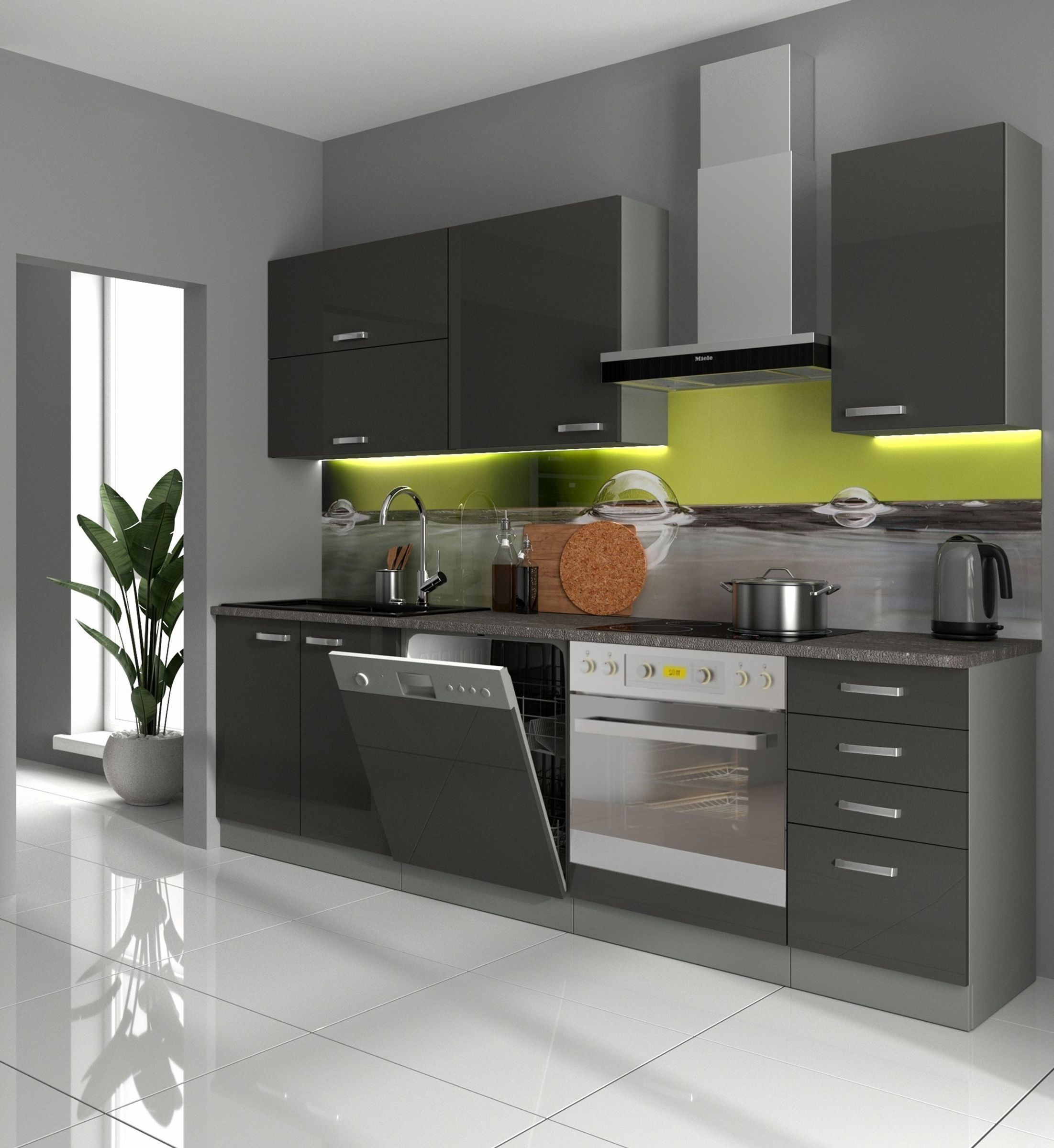 K&uuml;che Bianca Basic II 240 K&uuml;chenzeile Glanz Grau K&uuml;chenblock Einbauk&uuml;che Grey - Bild 1