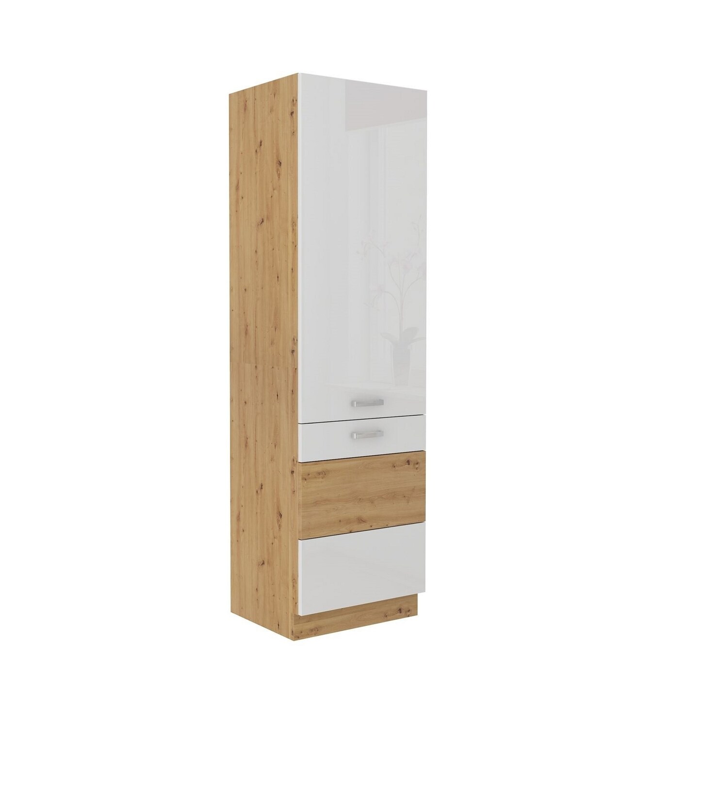 Küchen Hochschrank 60 cm Eiche Artisan + Weiss Hochglanz Küchenzeile Küchenblock