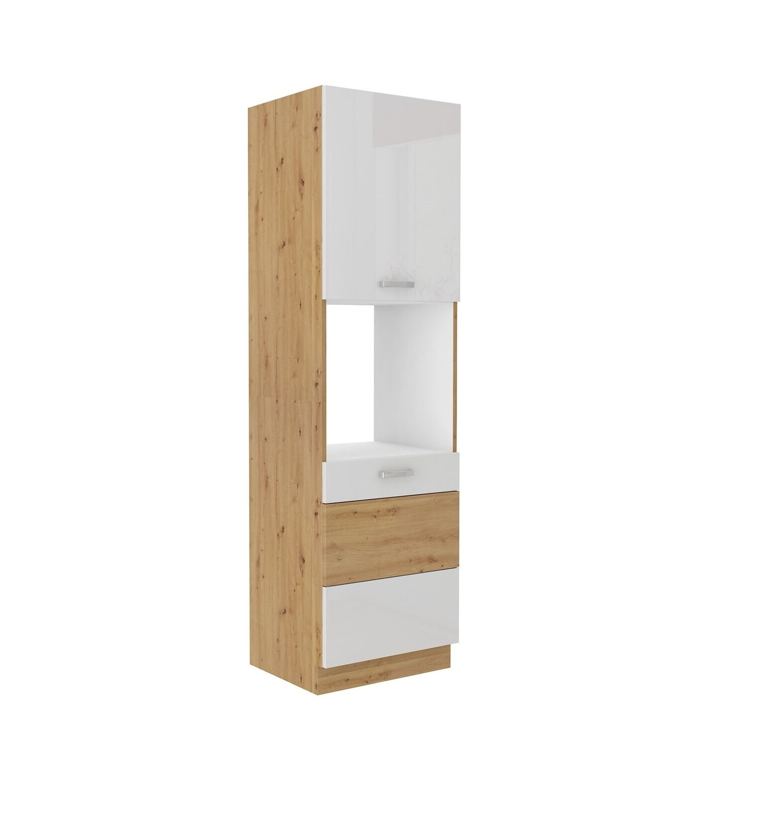 Küchen Hochschrank 60 cm Eiche Artisan + Weiss Hochglanz Küchenzeile Küchenblock