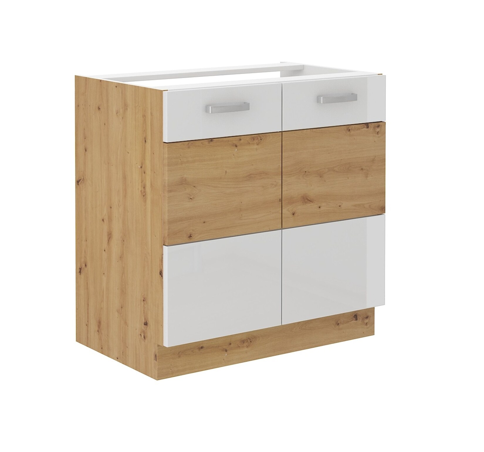 Spülenschrank 80 cm Eiche Artisan + Weiß Hochglanz Küchenzeile Küchenblock Küche