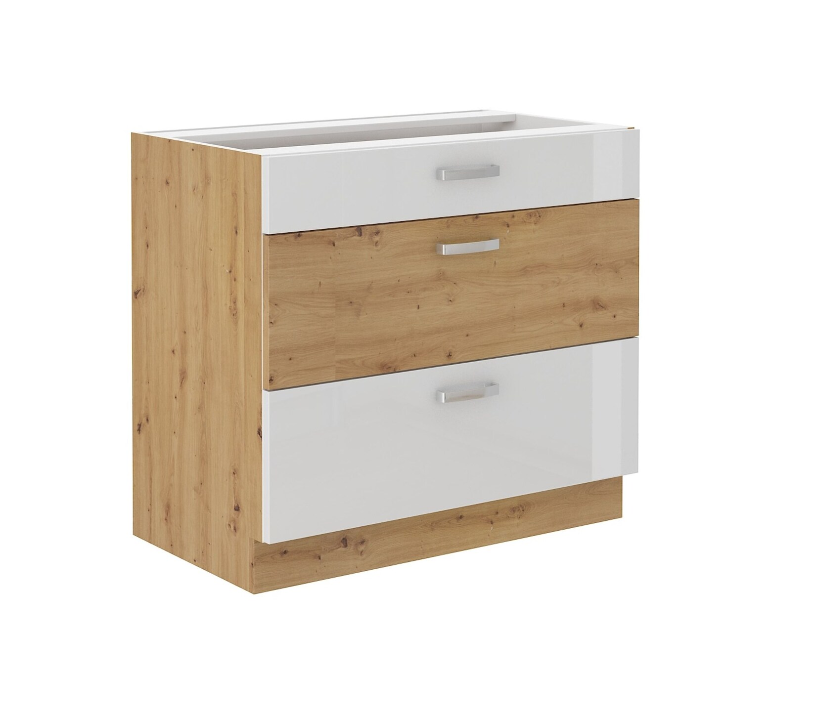 Küchen Unterschrank 80 cm Eiche Artisan + Weiß Hochglanz Vollauszug Soft-Close