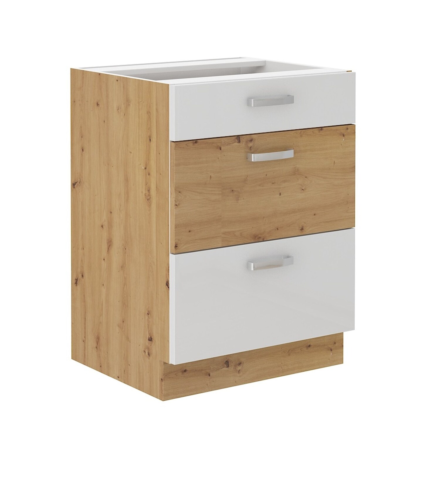 Küchen Unterschrank 60 cm Eiche Artisan + Weiß Hochglanz Vollauszug Soft-Close