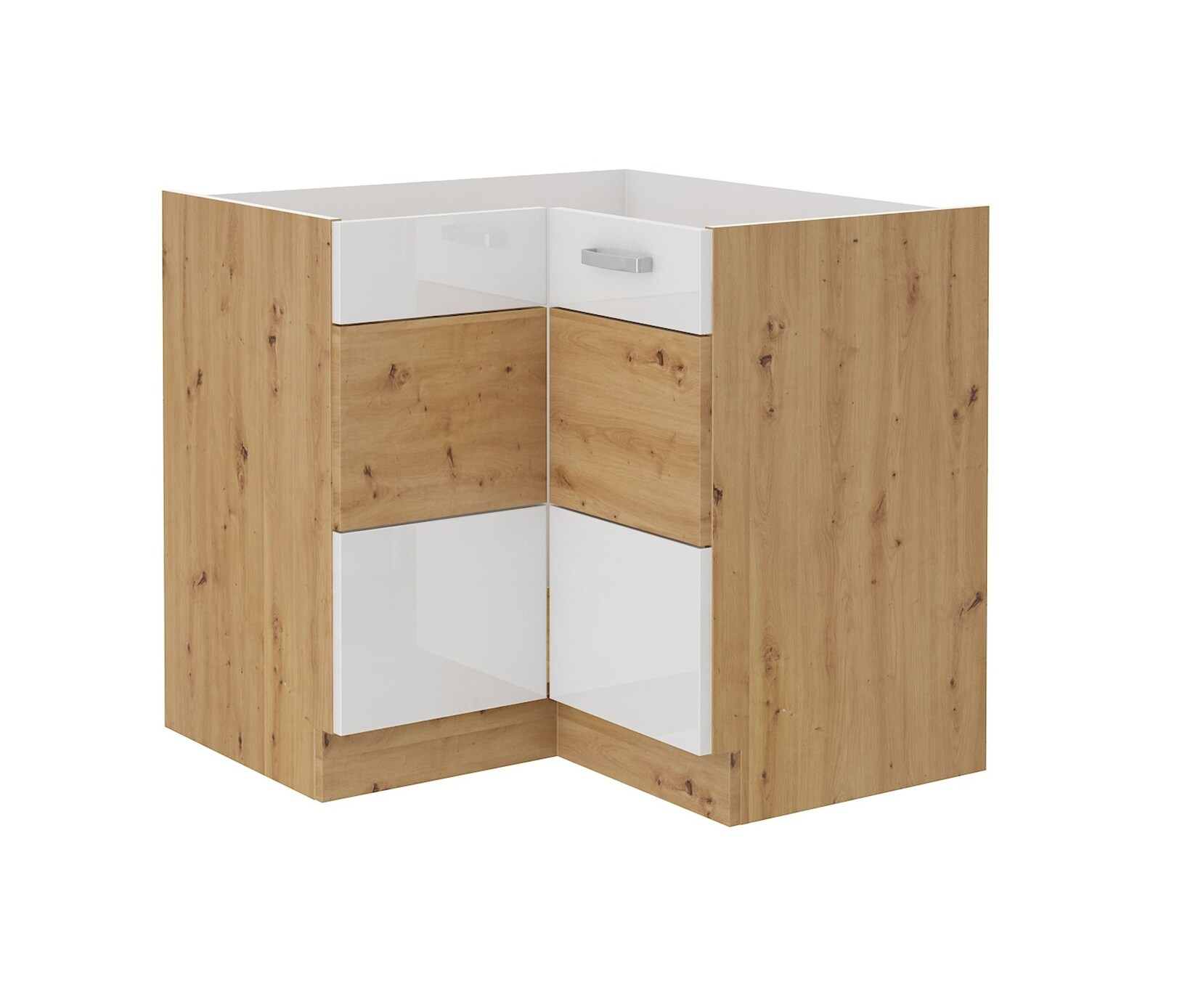 Eckunterschrank 90x90 cm Eiche Artisan + Weiss Hochglanz Küchenzeile Küchenblock