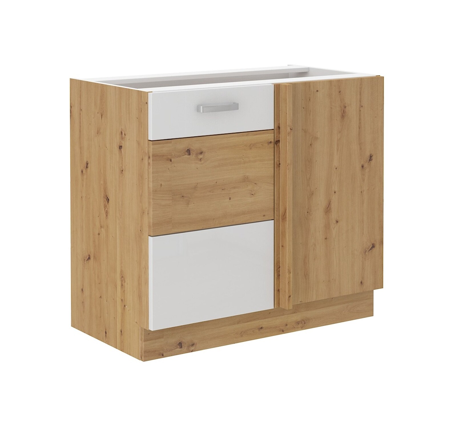 Eckunterschrank 105 cm Eiche Artisan + Weiss Hochglanz Küchenzeile Küchenblock