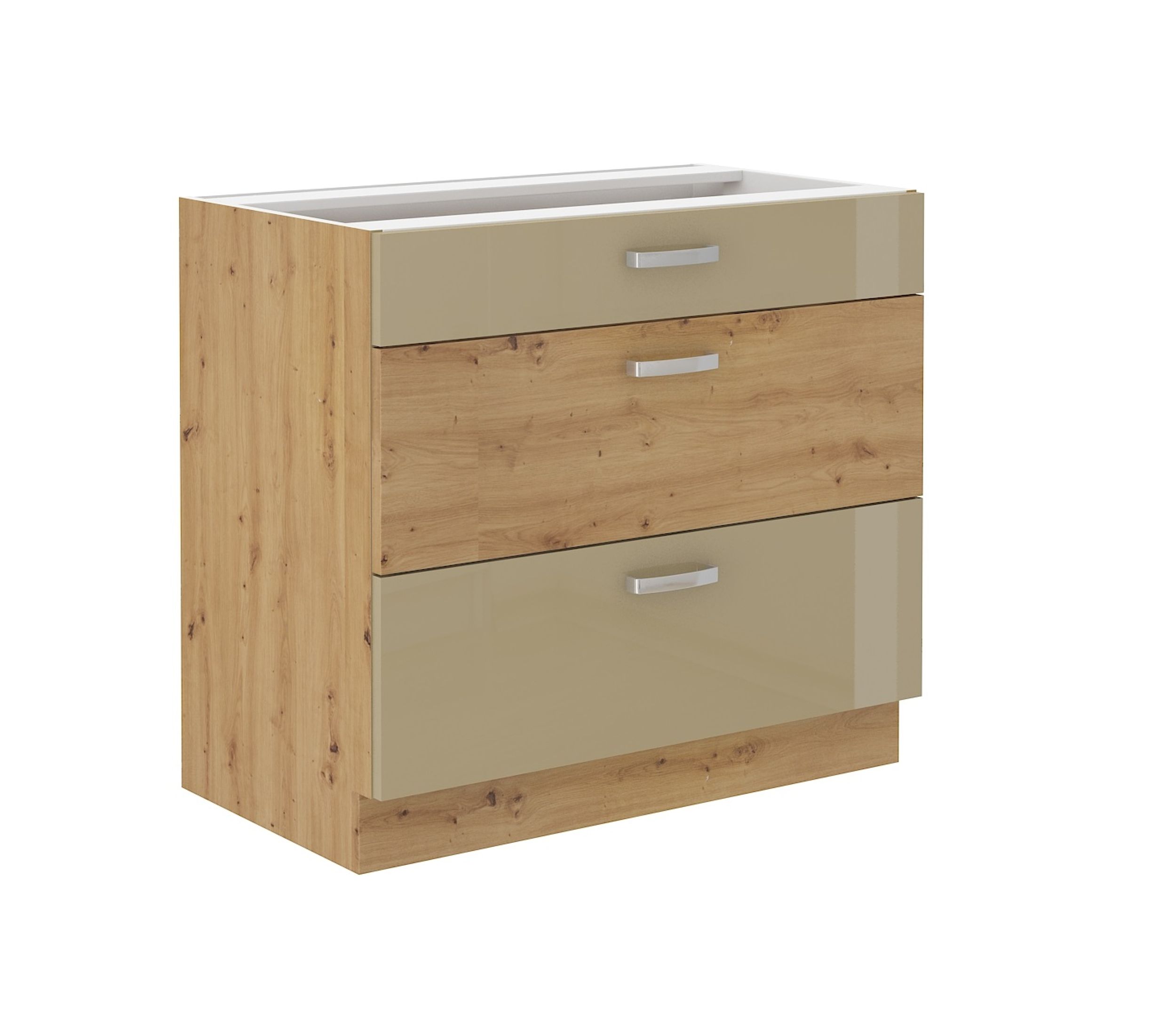 K&uuml;chen Unterschrank 80 Eiche Artisan Cappuccino Hochglanz Vollauszug Soft-Close - Bild 1