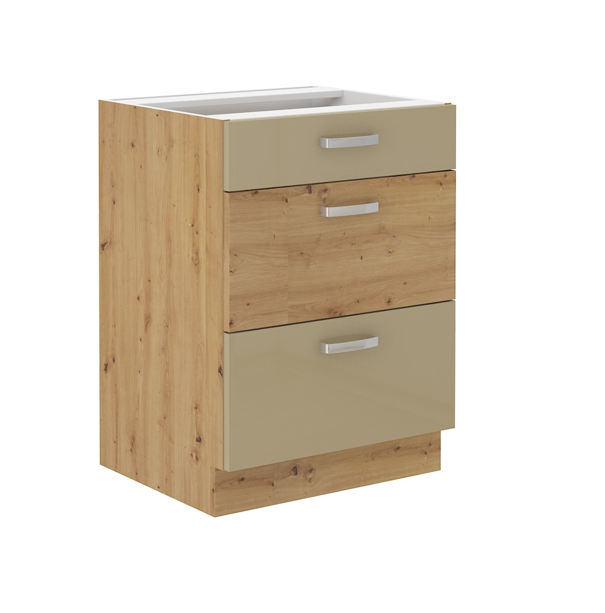 K&uuml;chen Unterschrank 60 Eiche Artisan Cappuccino Hochglanz Vollauszug Soft-Close - Bild 1