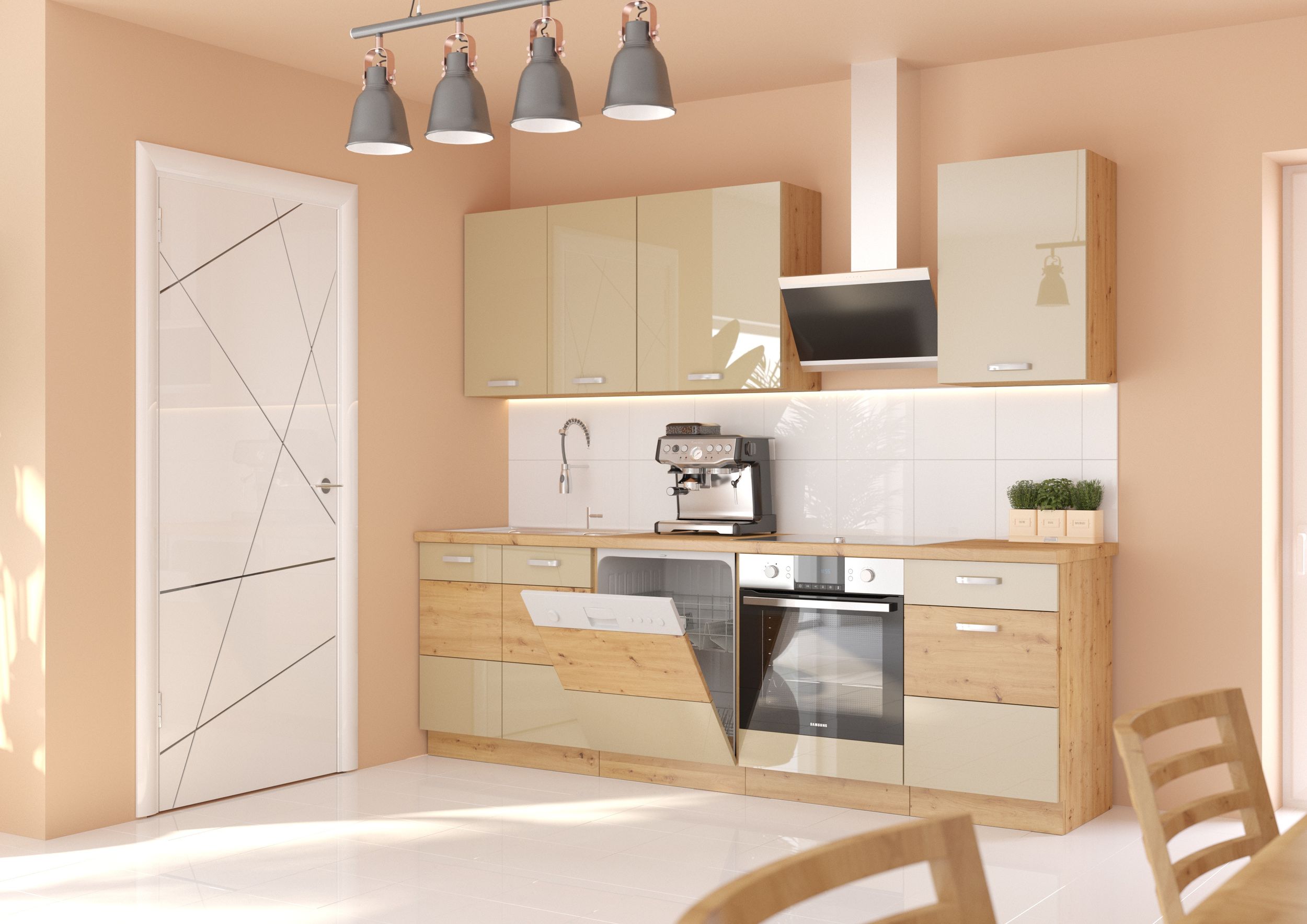 K&uuml;che Artisan Cappuccino 250 cm K&uuml;chenzeile Hochglanz K&uuml;chenblock Einbauk&uuml;che - Bild 1