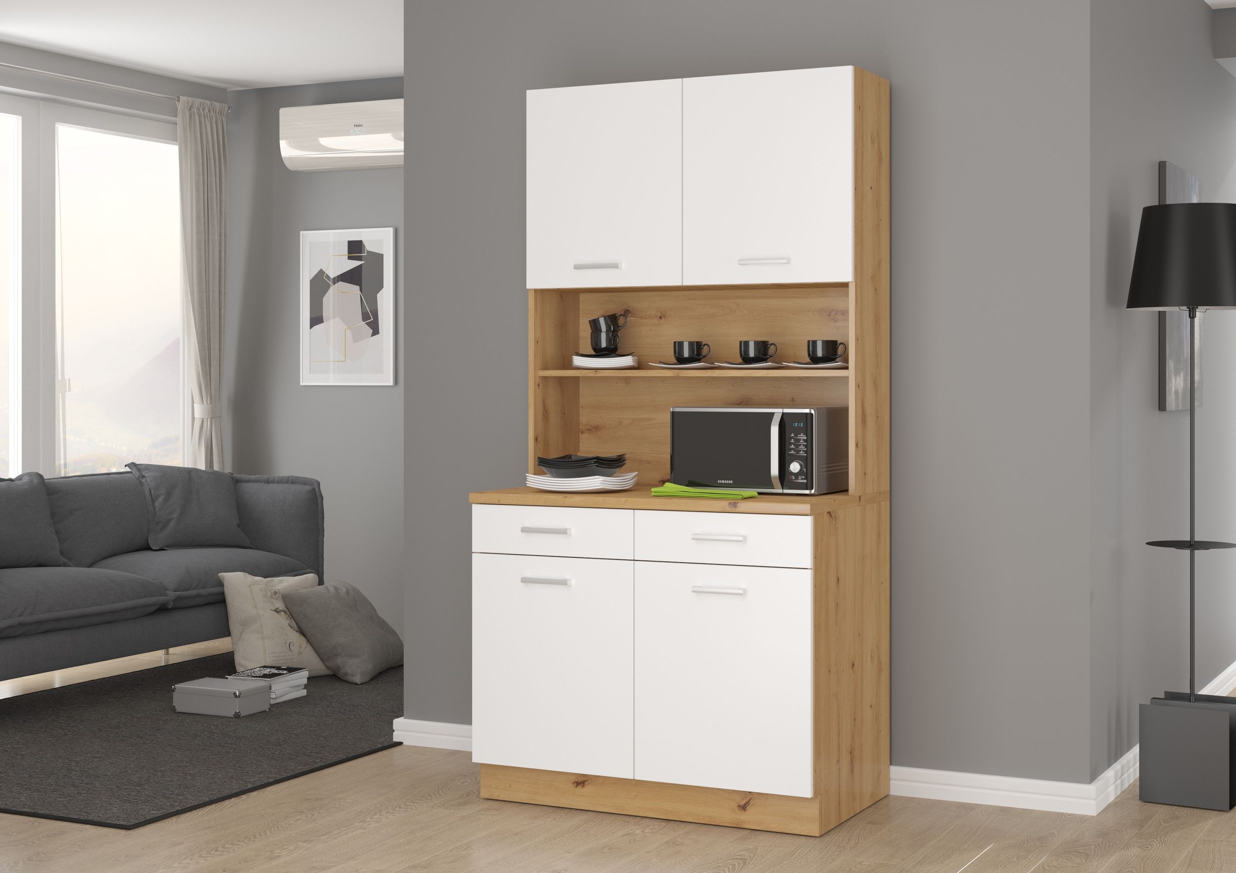 Buffet K&uuml;che Mario 100cm K&uuml;chenzeile K&uuml;chenblock Einbauk&uuml;che Weiss Eiche Artisan - Bild 1