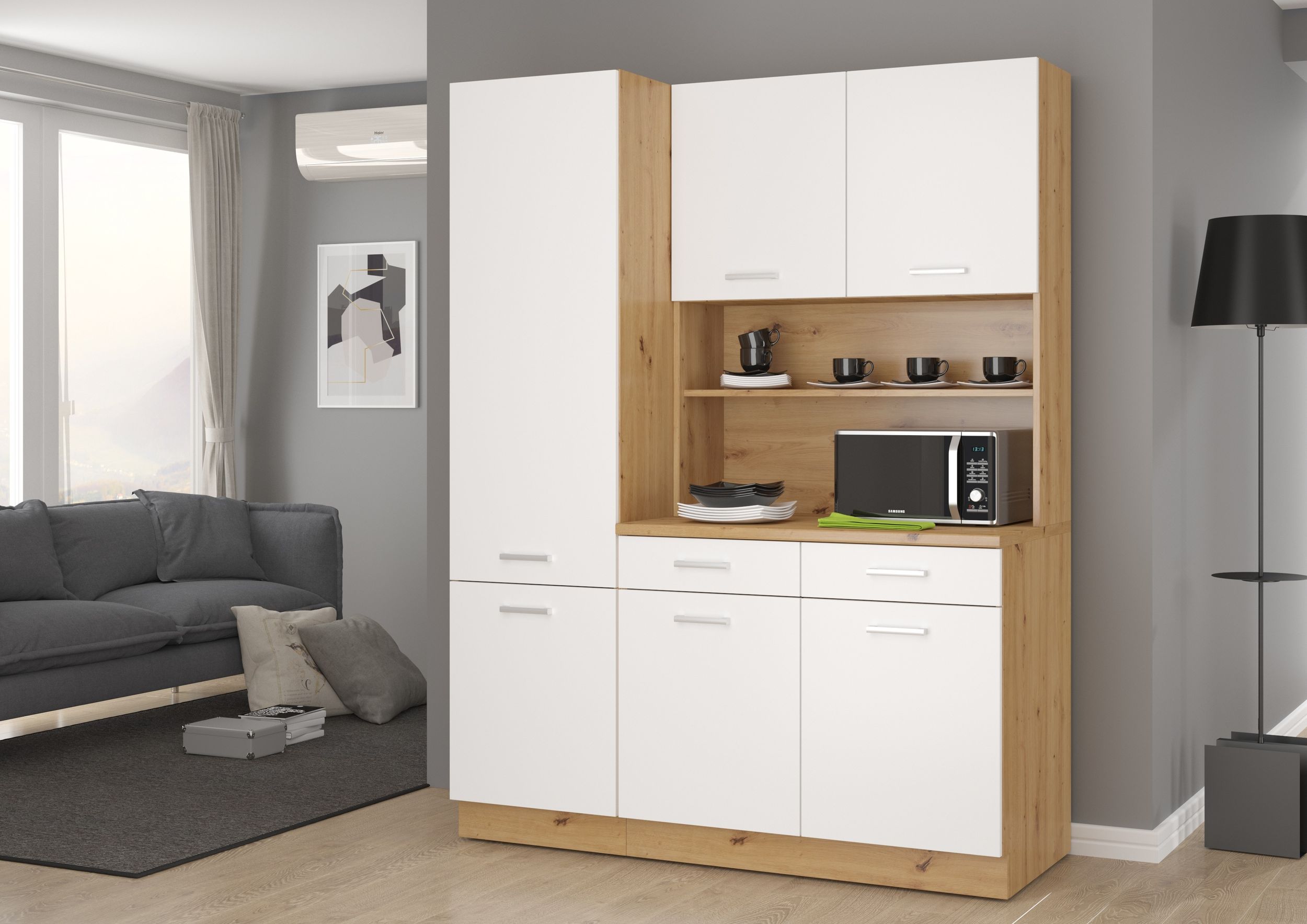 Buffet K&uuml;che Mario 150cm K&uuml;chenzeile K&uuml;chenblock Einbauk&uuml;che Weiss Eiche Artisan - Bild 1