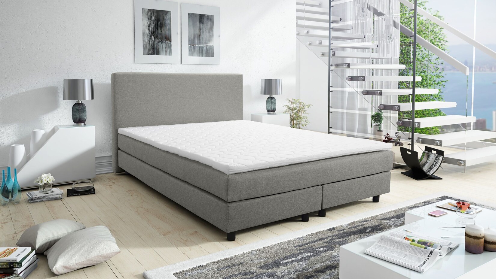 Boxspringbett Boxbett Glenn 1 Hotelbett 140x200 Bonellfederkern Bett Topper hellgrau