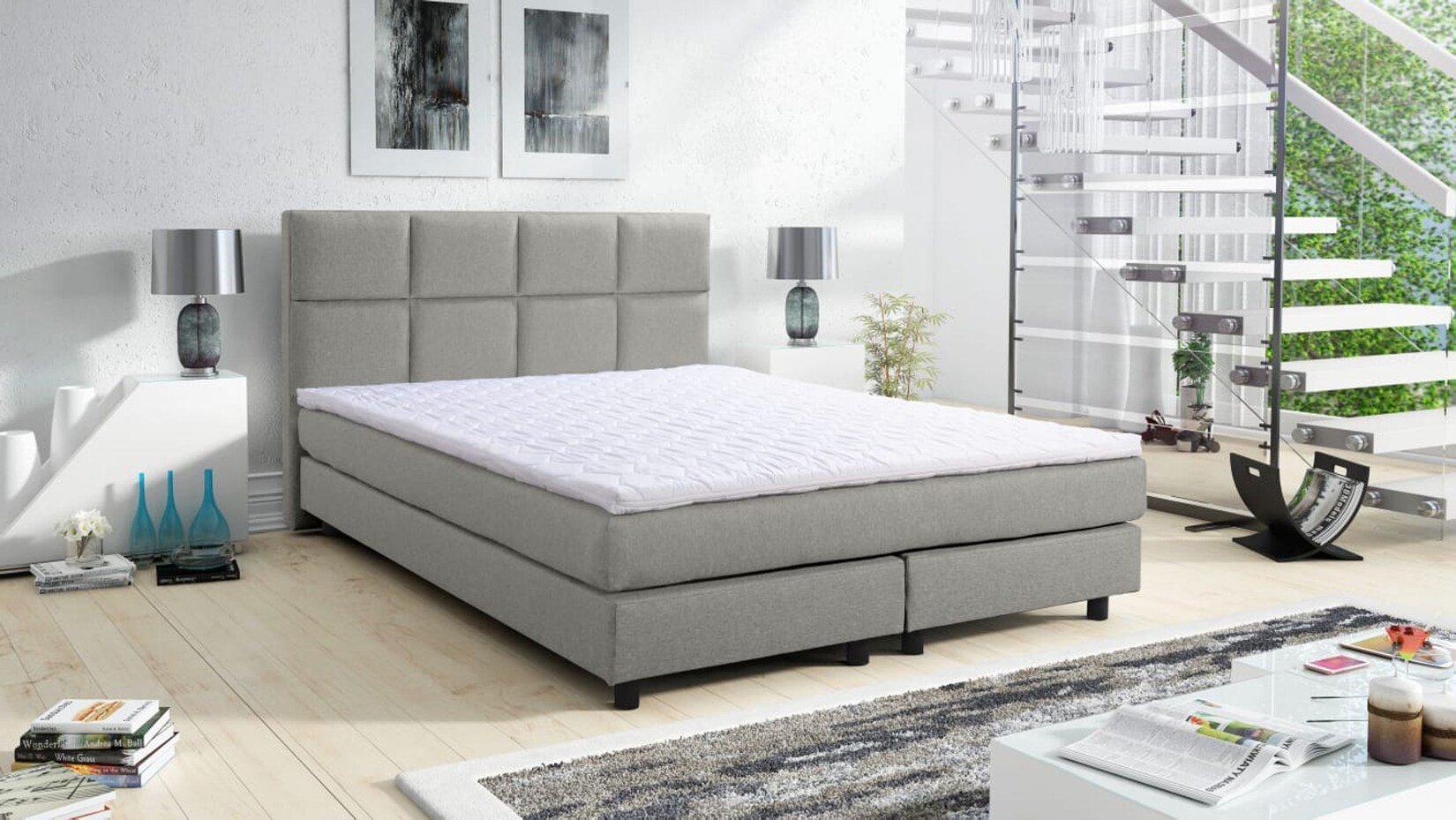 Boxspringbett Boxbett Glenn 1 Tablet Hotelbett 140x200 Bett Topper hellgrau